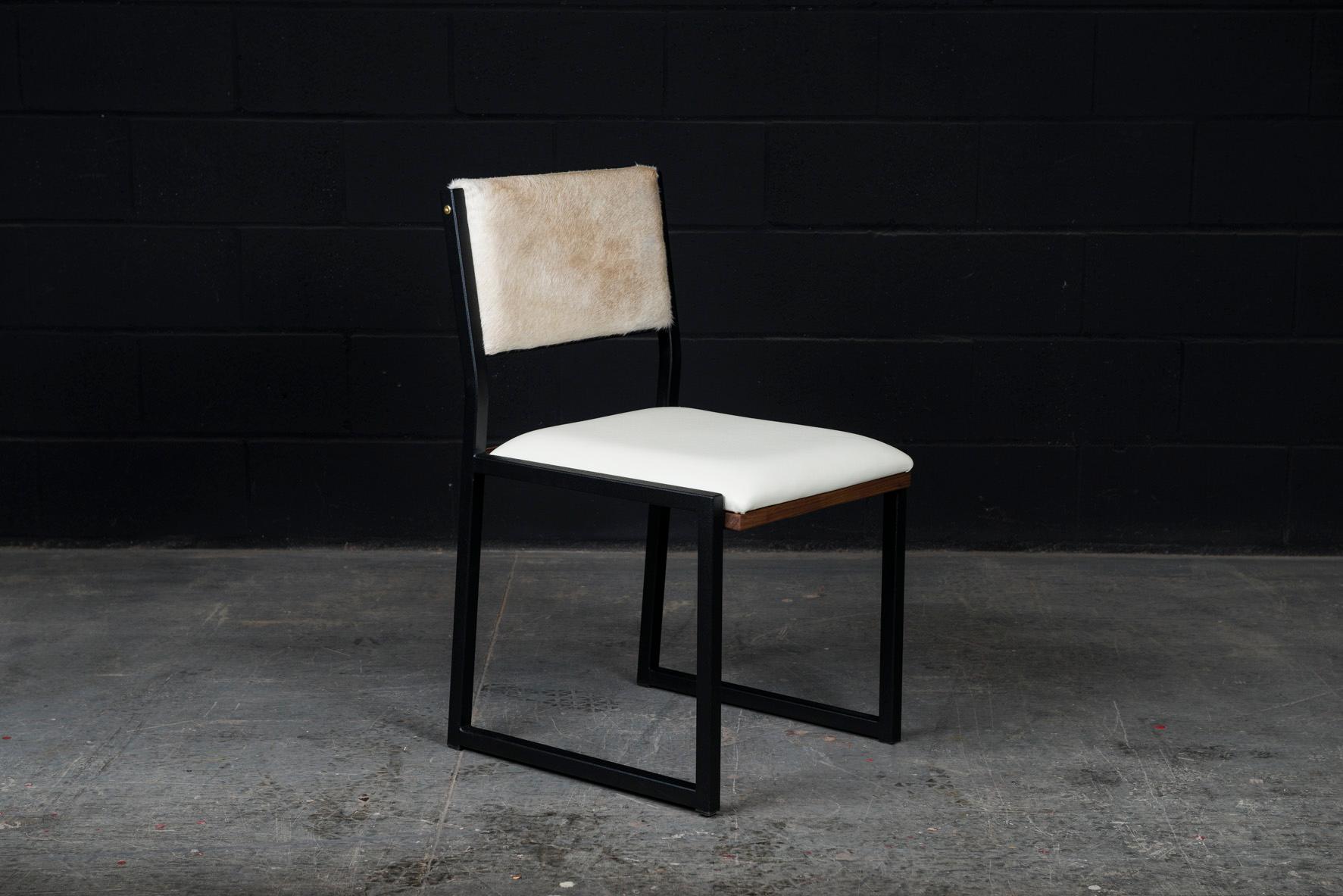 8x Shaker Modern Side Chairs by Ambrozia, Walnut, Black Steel, Leather & Cowhide For Sale 1