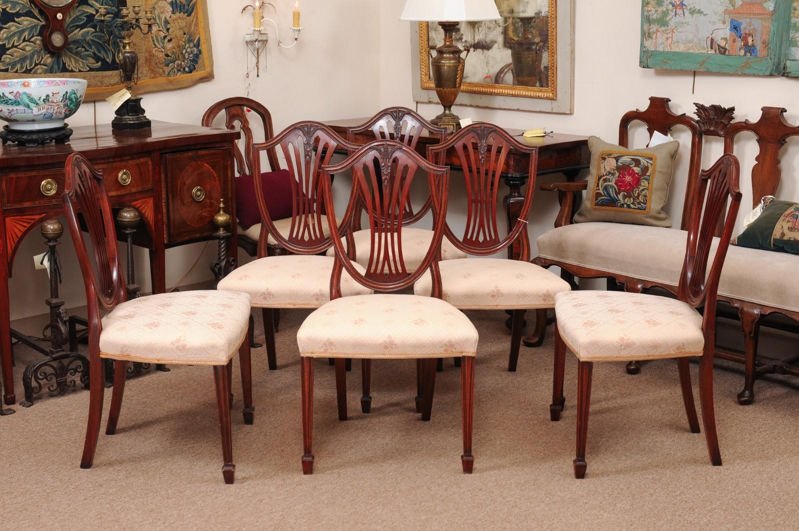 Set of 8 Sheraton Style Mahogany Shield Back Dining Chairs, Early 20th Century 7