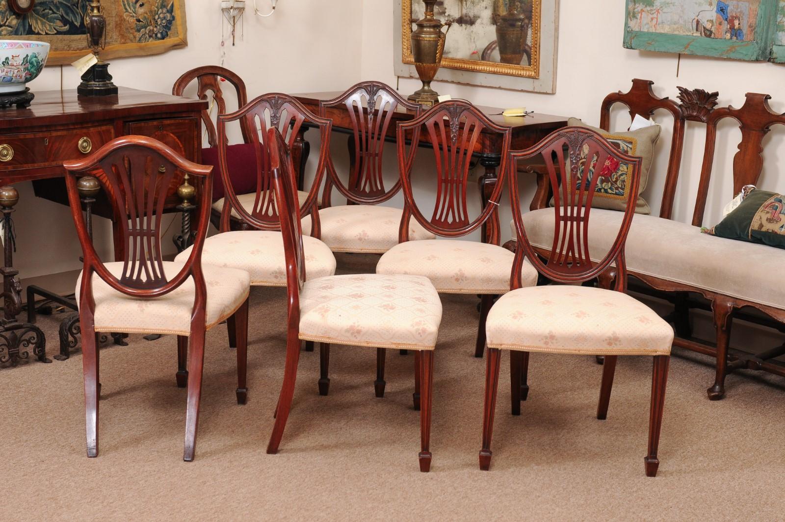 Set of 8 Sheraton Style Mahogany Shield Back Dining Chairs, Early 20th Century 8