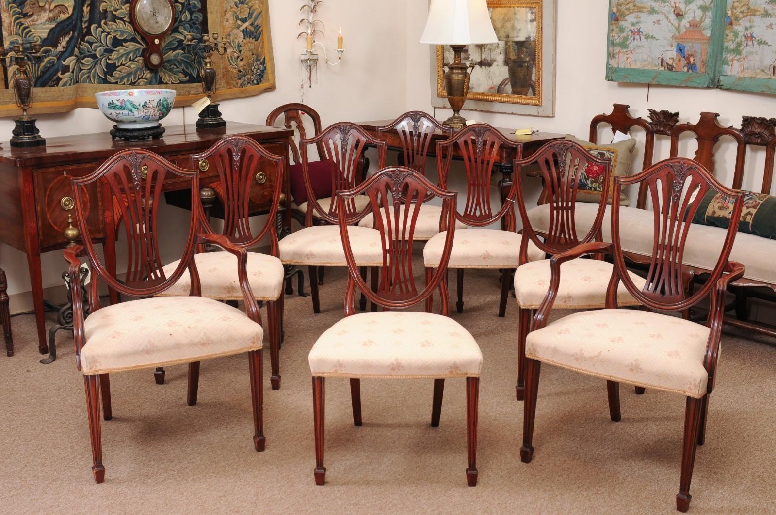 English Set of 8 Sheraton Style Mahogany Shield Back Dining Chairs, Early 20th Century