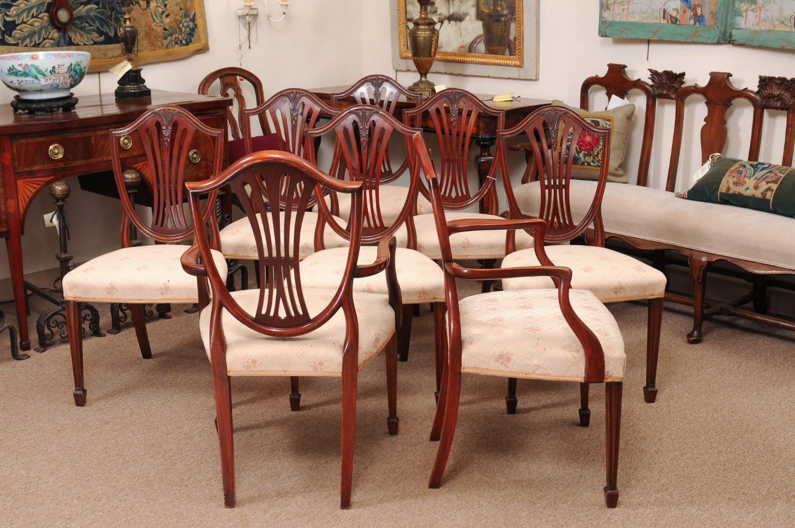 Set of 8 Sheraton Style Mahogany Shield Back Dining Chairs, Early 20th Century 3