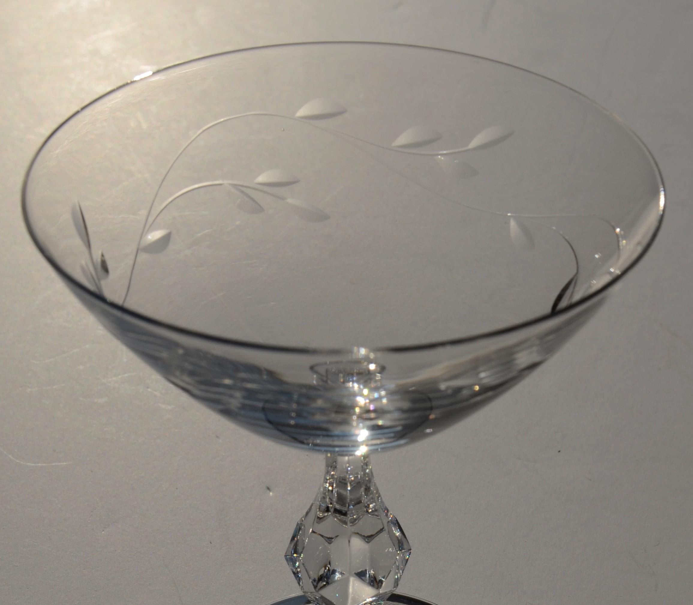 Mid-Century Modern Set of 8 Signed Tiffin Etched Crystal Champagne Coupes or Cocktail Glasses