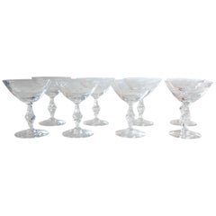 Vintage Set of 8 Signed Tiffin Etched Crystal Champagne Coupes or Cocktail Glasses