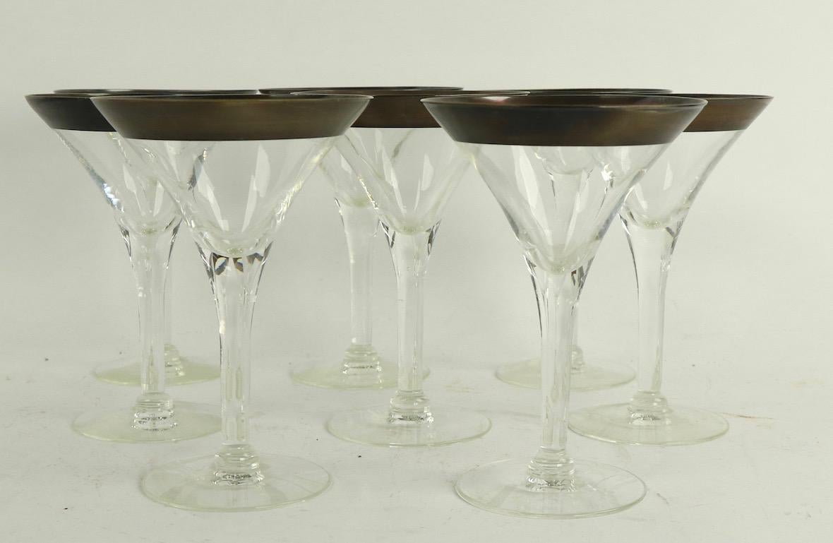 Mid-Century Modern Set of 8 Silver Band Martini Glasses attributed to Dorothy Thorpe