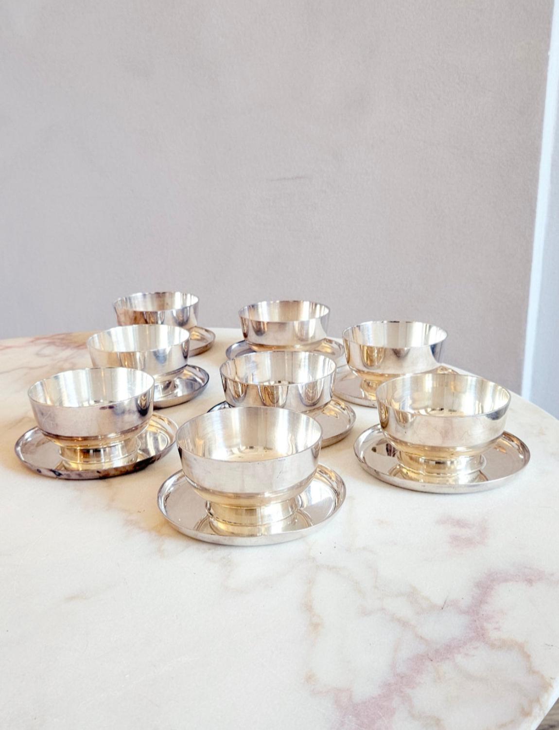 Italian Set of 8 Silver Krupp Milano Gelato Bowls with base