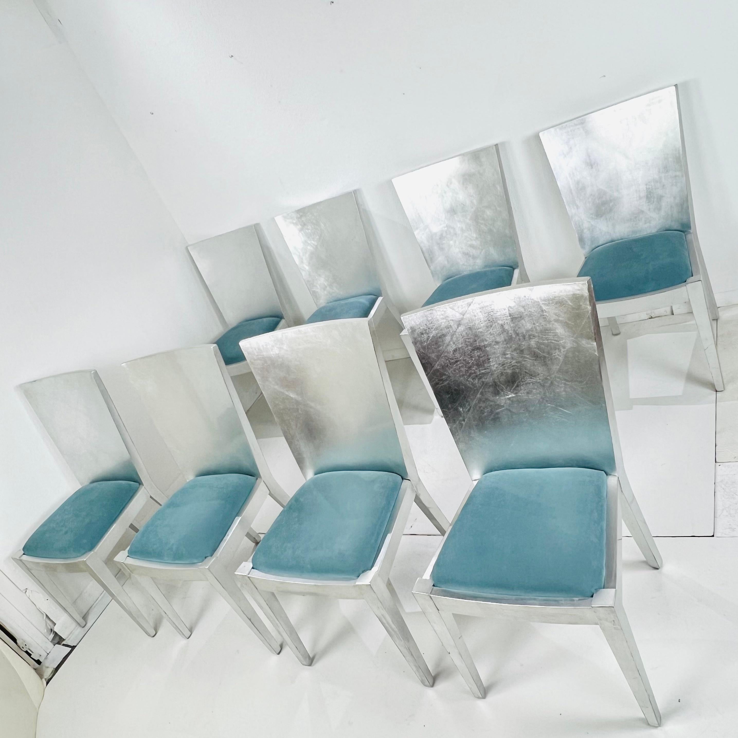 Modern Set of 8 Silver Leaf Dining Chairs in the Style of Karl Springer