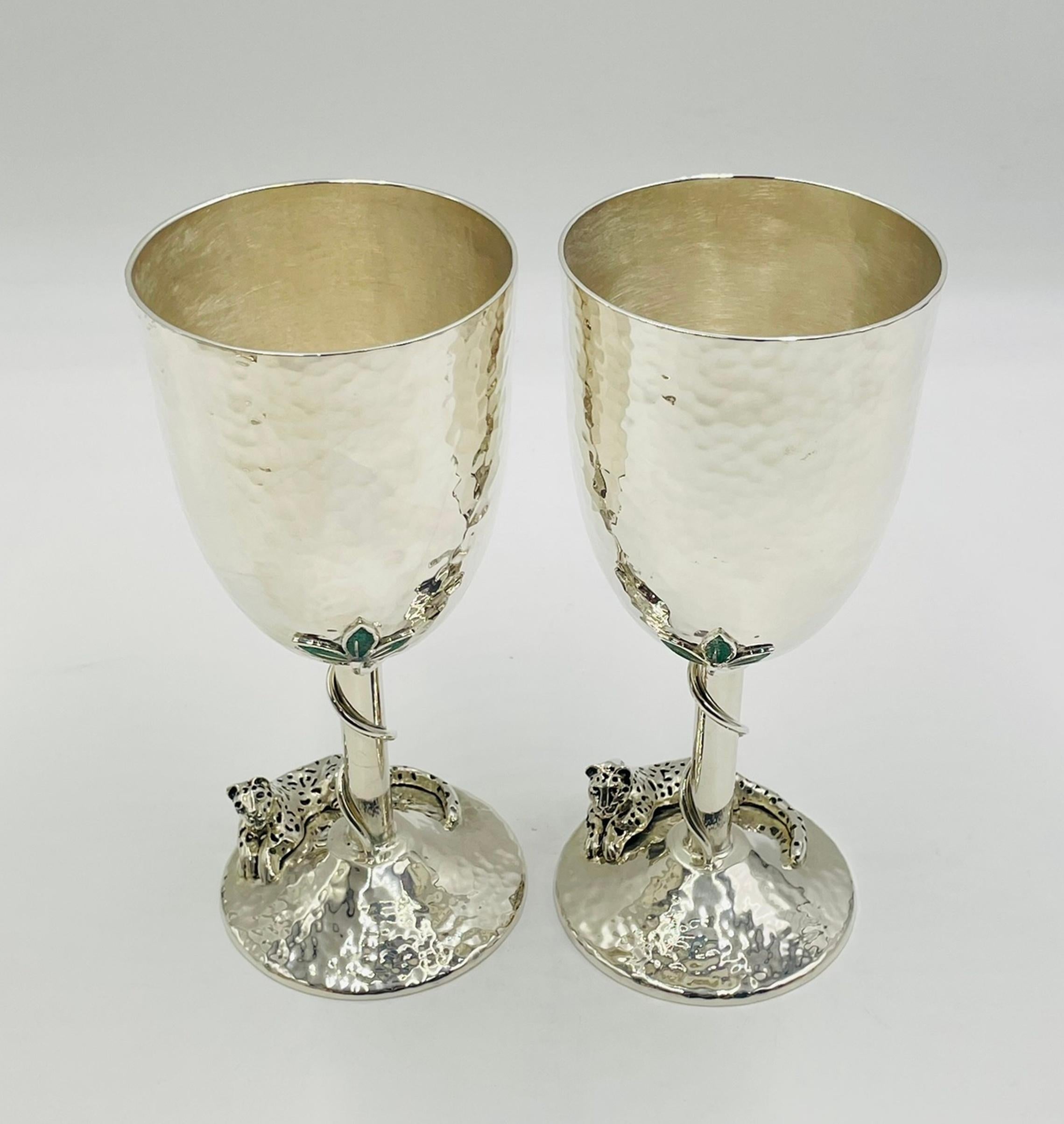Set of 8 Silver Plated & Crushed Emerald Wine/Water Goblets by Emilia Castillo For Sale 3