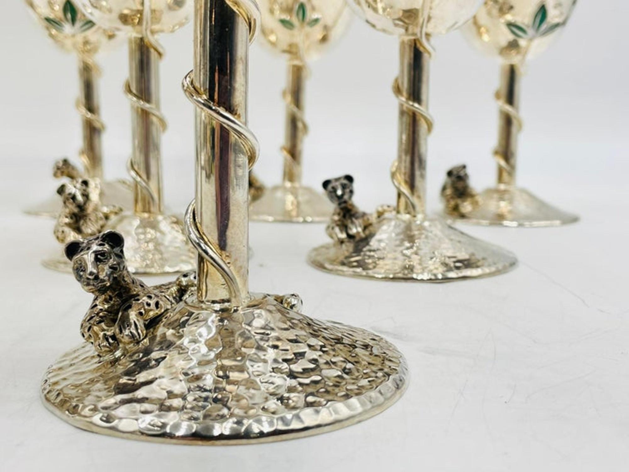 Set of 8 Silver Plated & Crushed Emerald Wine/Water Goblets by Emilia Castillo For Sale 4