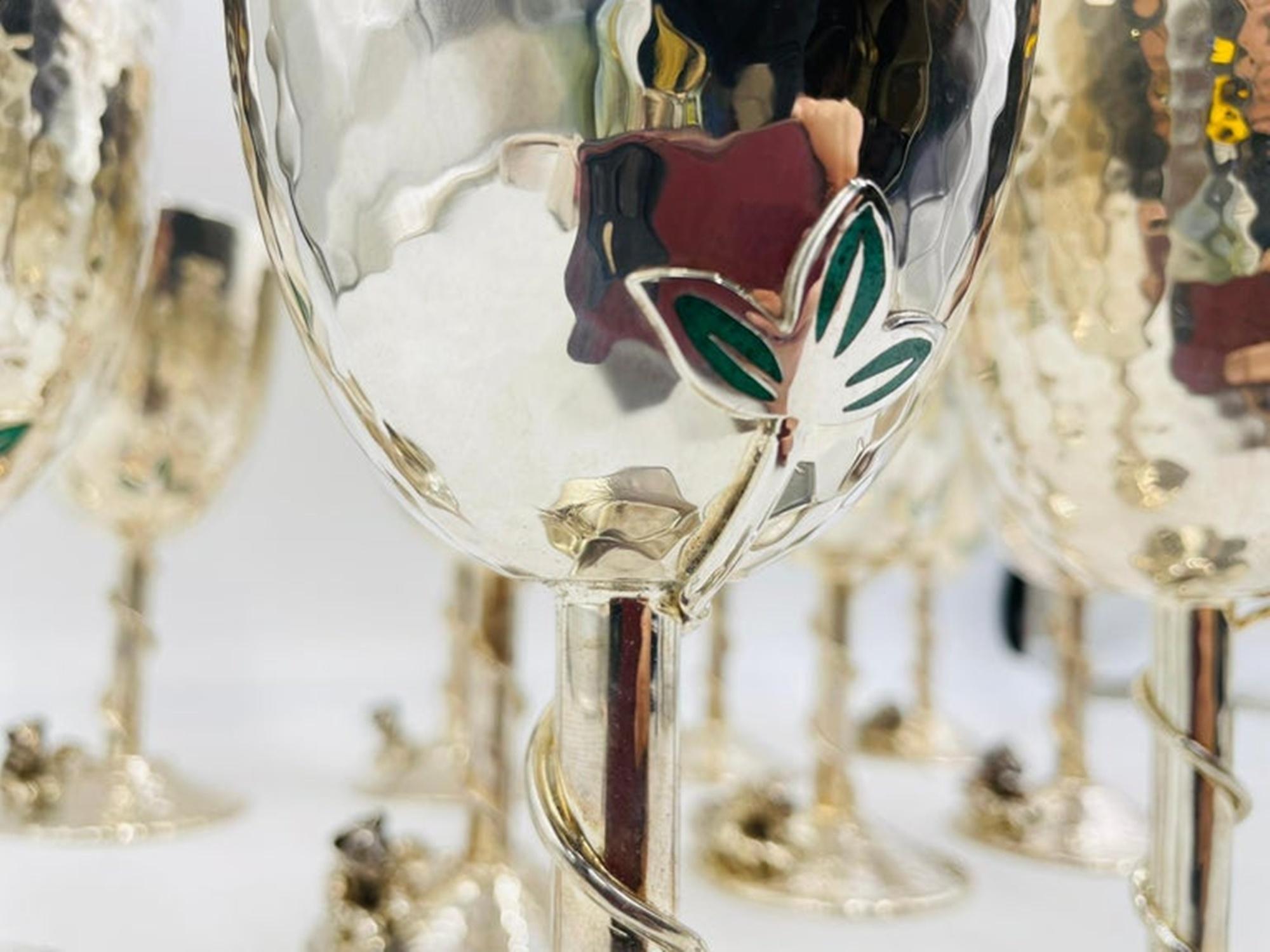 Set of 8 Silver Plated & Crushed Emerald Wine/Water Goblets by Emilia Castillo For Sale 5