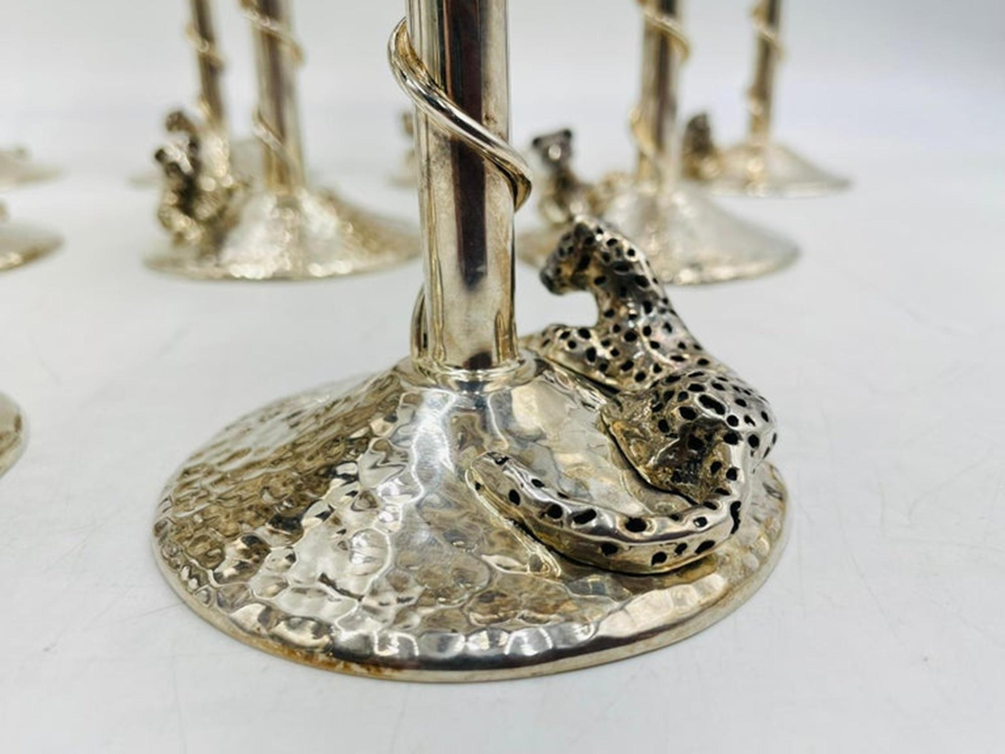 Set of 8 Silver Plated & Crushed Emerald Wine/Water Goblets by Emilia Castillo For Sale 6