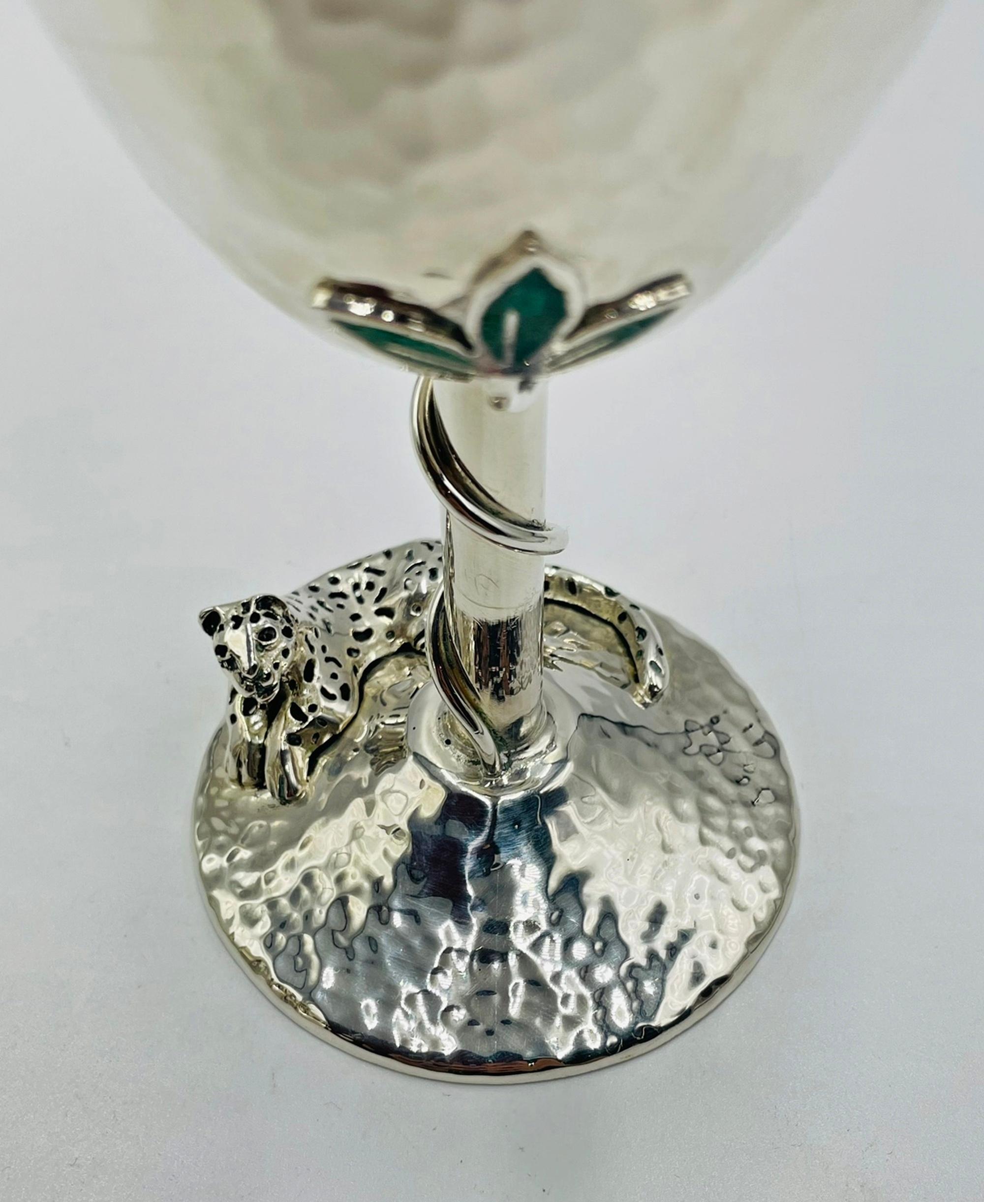 Set of 8 Silver Plated & Crushed Emerald Wine/Water Goblets by Emilia Castillo For Sale 11