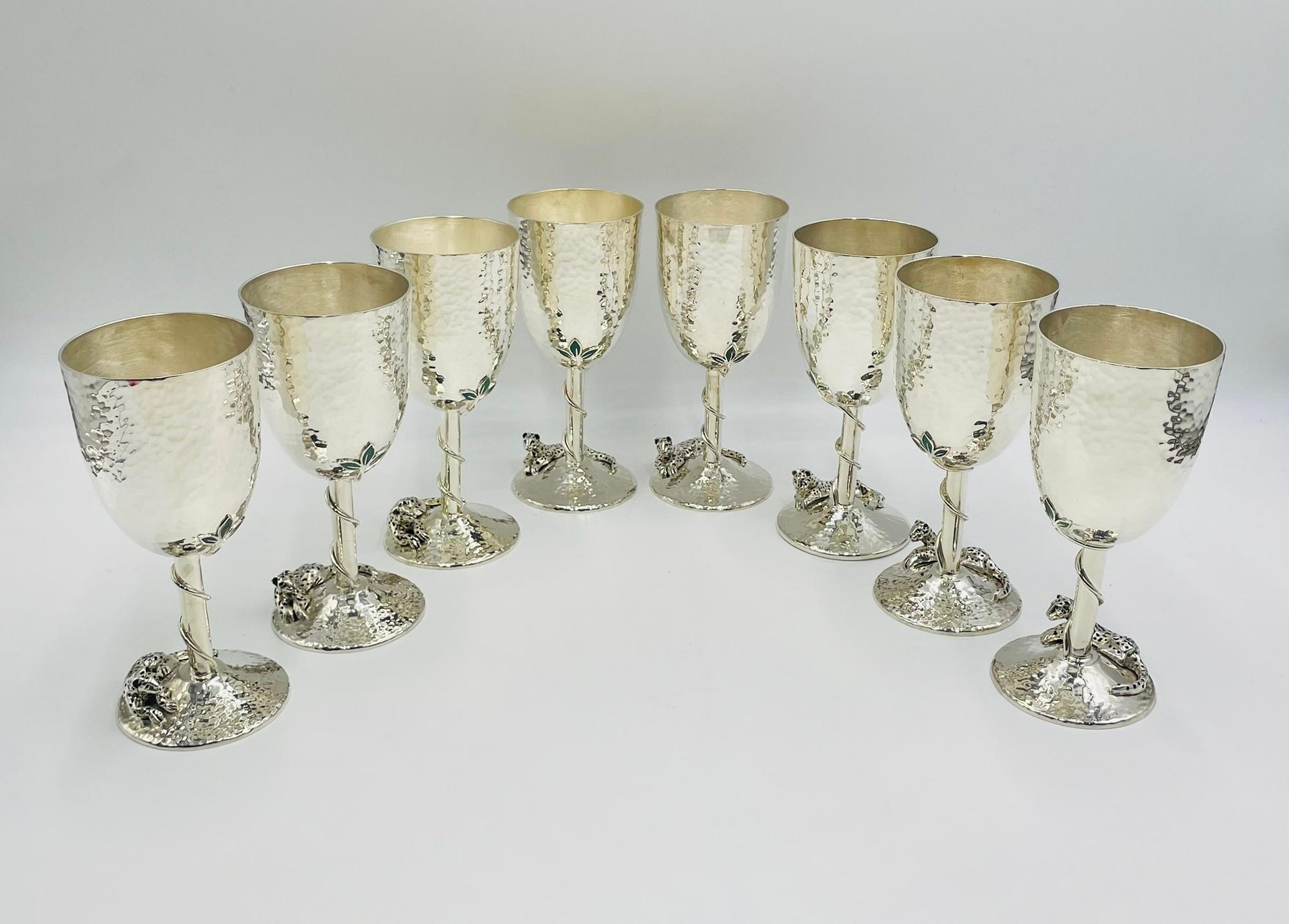Enhance your dining experience with this exquisite Set of 8 (28 pieces are available) Silver Plated & Crushed Emerald Wine/Water Goblets by renowned Mexican artist Emilia Castillo. 
Designed and manufactured in Taxco Mexico in the 1980's by Emilia