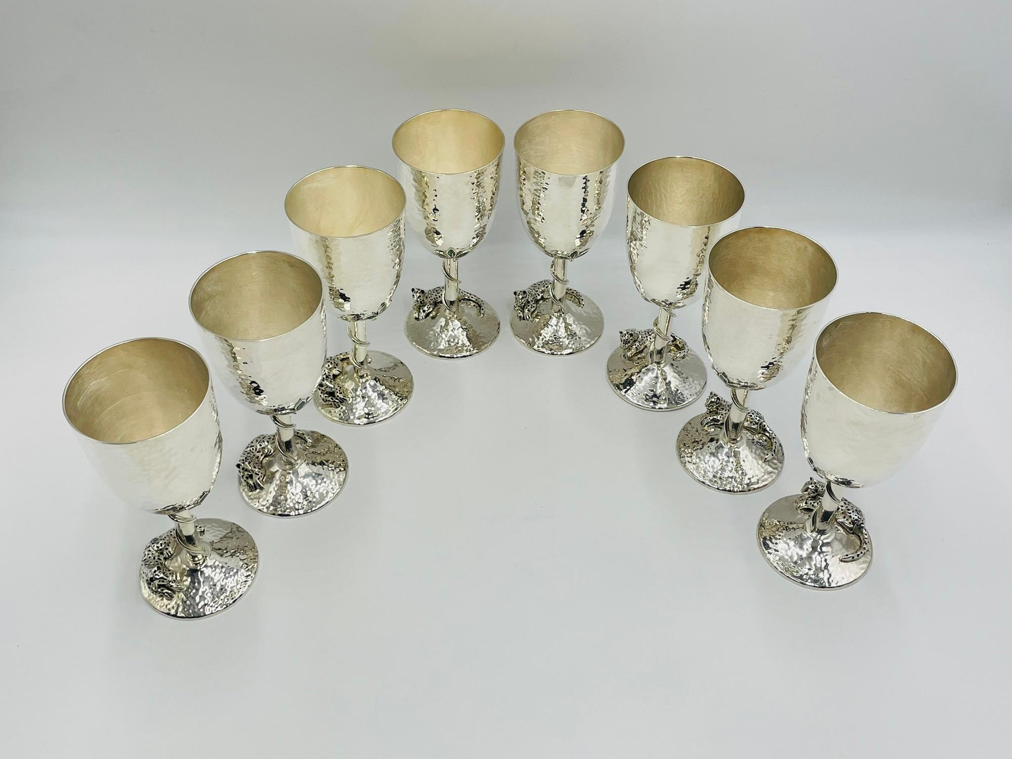 Modern Set of 8 Silver Plated & Crushed Emerald Wine/Water Goblets by Emilia Castillo For Sale