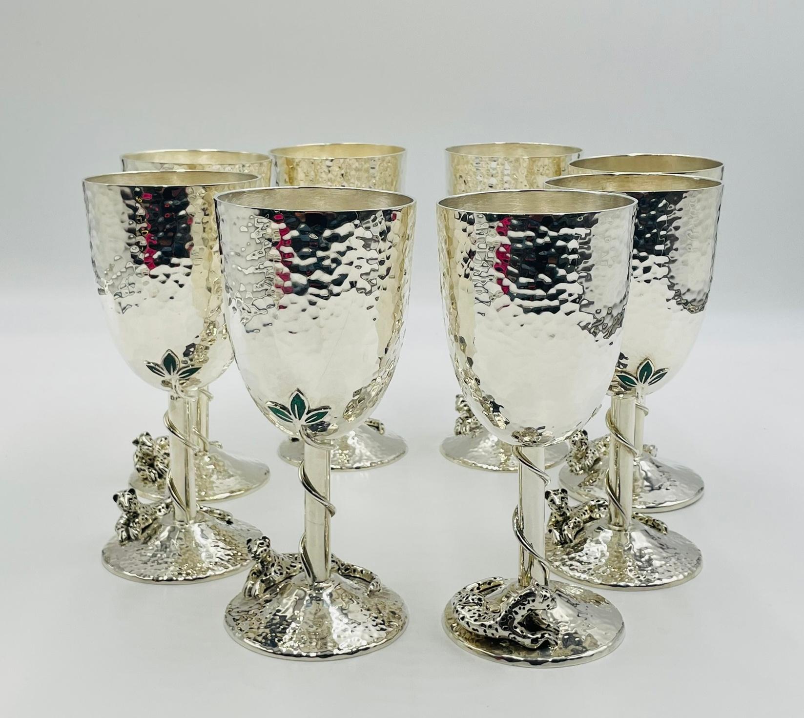 Mexican Set of 8 Silver Plated & Crushed Emerald Wine/Water Goblets by Emilia Castillo For Sale