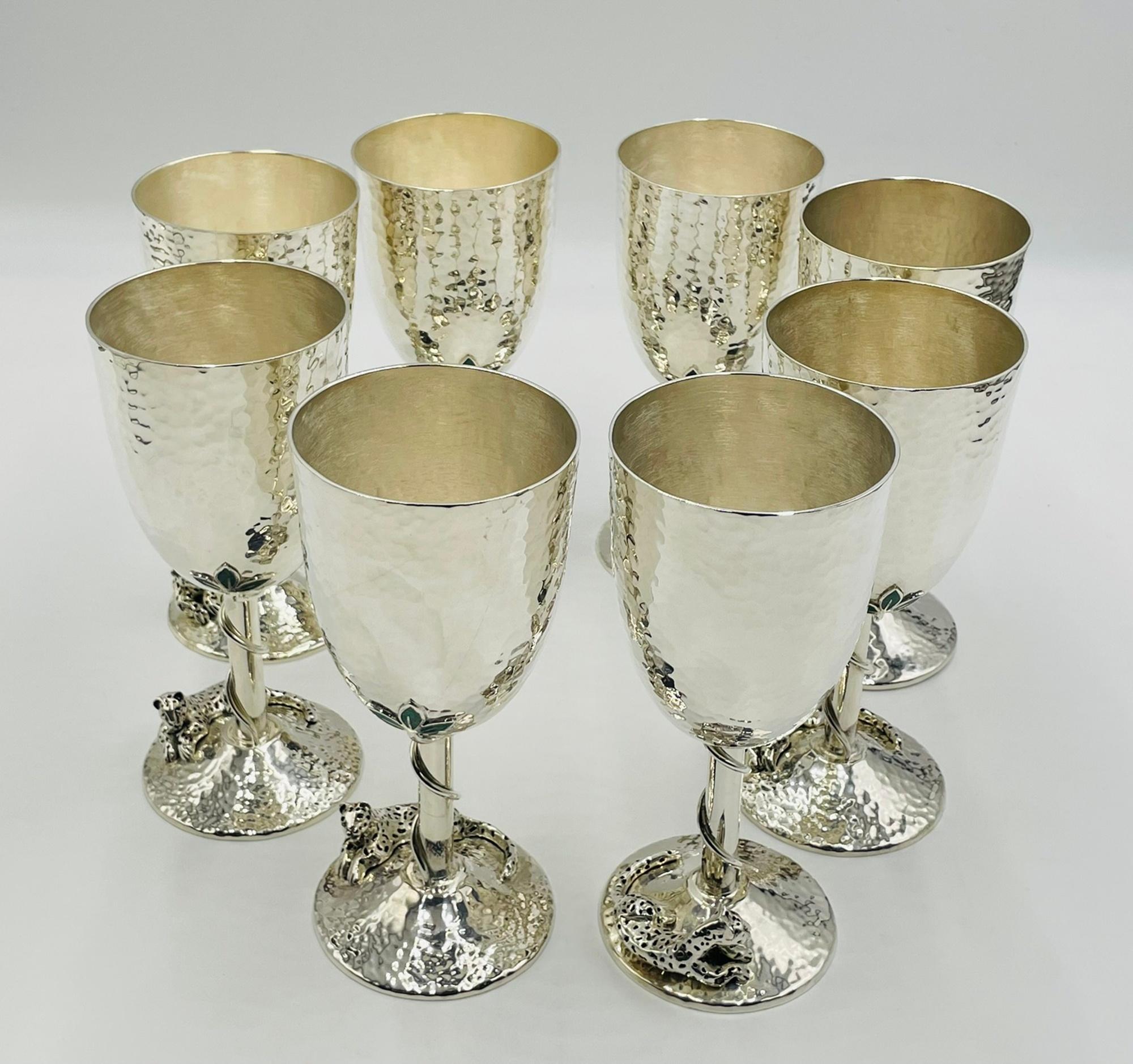 Hand-Crafted Set of 8 Silver Plated & Crushed Emerald Wine/Water Goblets by Emilia Castillo For Sale