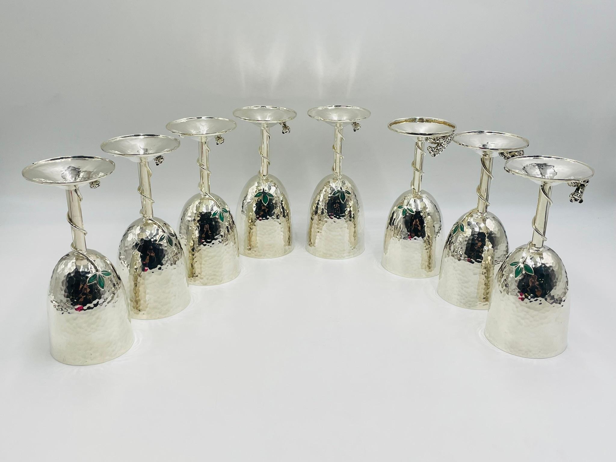 Set of 8 Silver Plated & Crushed Emerald Wine/Water Goblets by Emilia Castillo In Good Condition For Sale In Los Angeles, CA