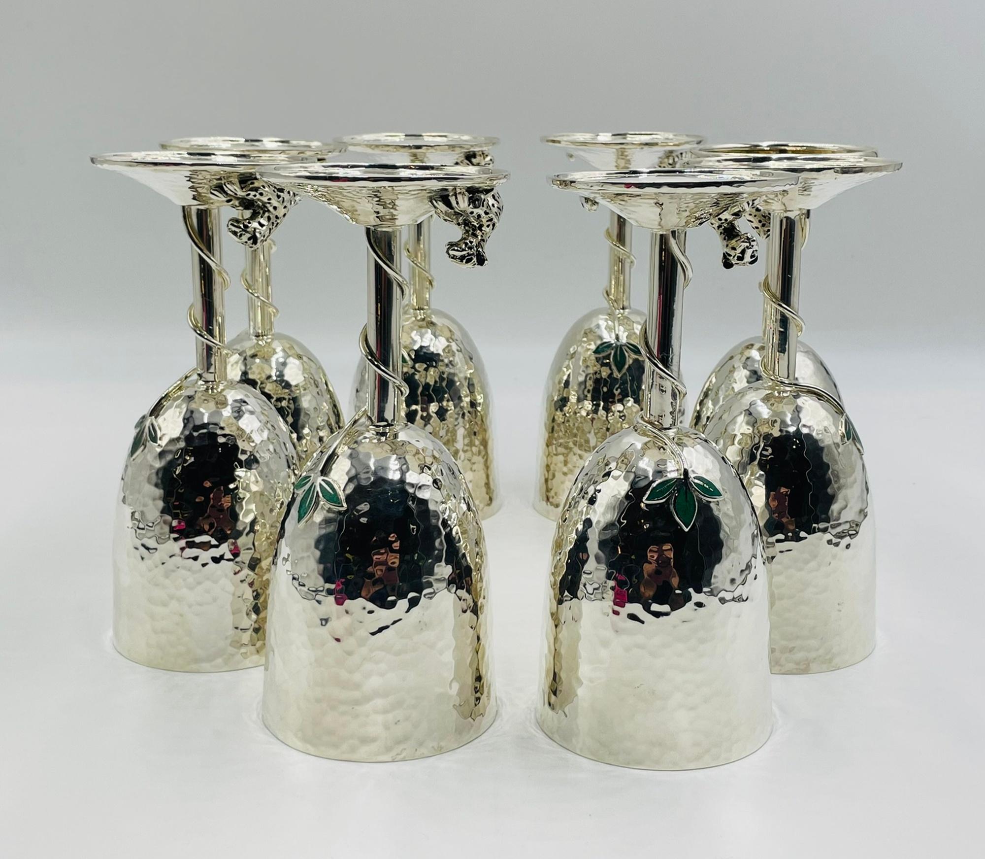 Late 20th Century Set of 8 Silver Plated & Crushed Emerald Wine/Water Goblets by Emilia Castillo For Sale
