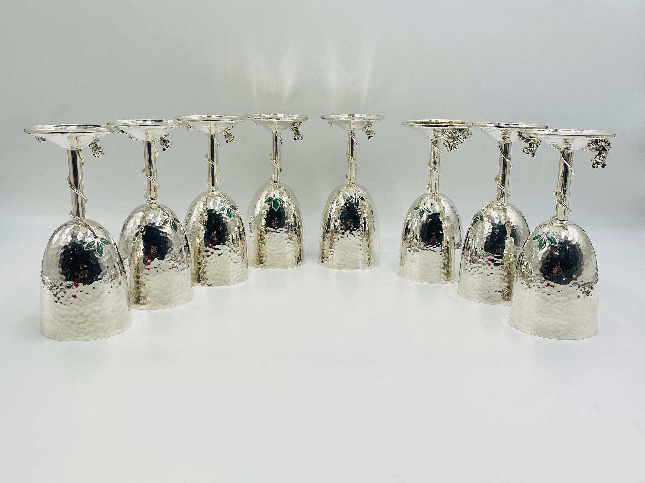 Set of 8 Silver Plated & Crushed Emerald Wine/Water Goblets by Emilia Castillo For Sale 1