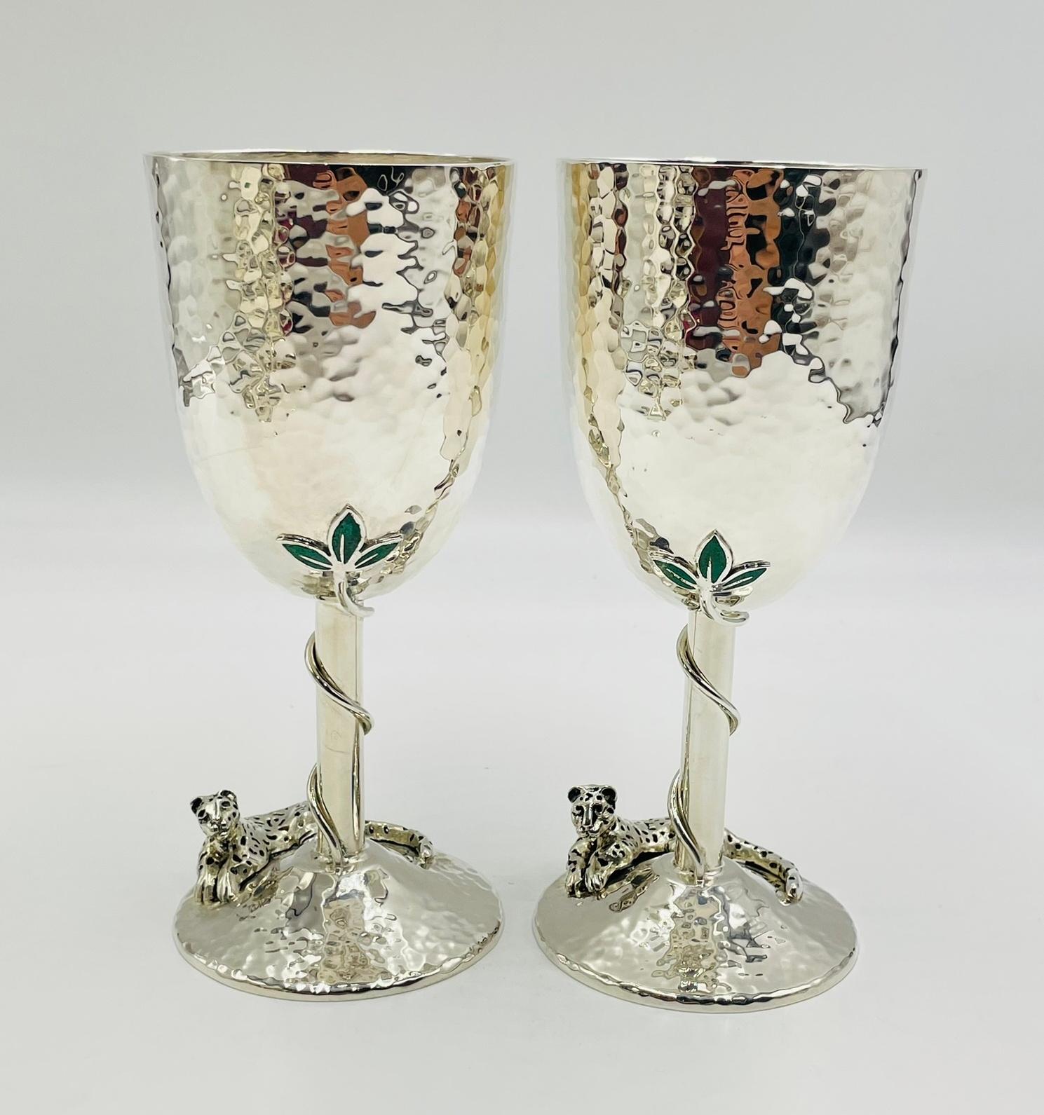 Set of 8 Silver Plated & Crushed Emerald Wine/Water Goblets by Emilia Castillo For Sale 2