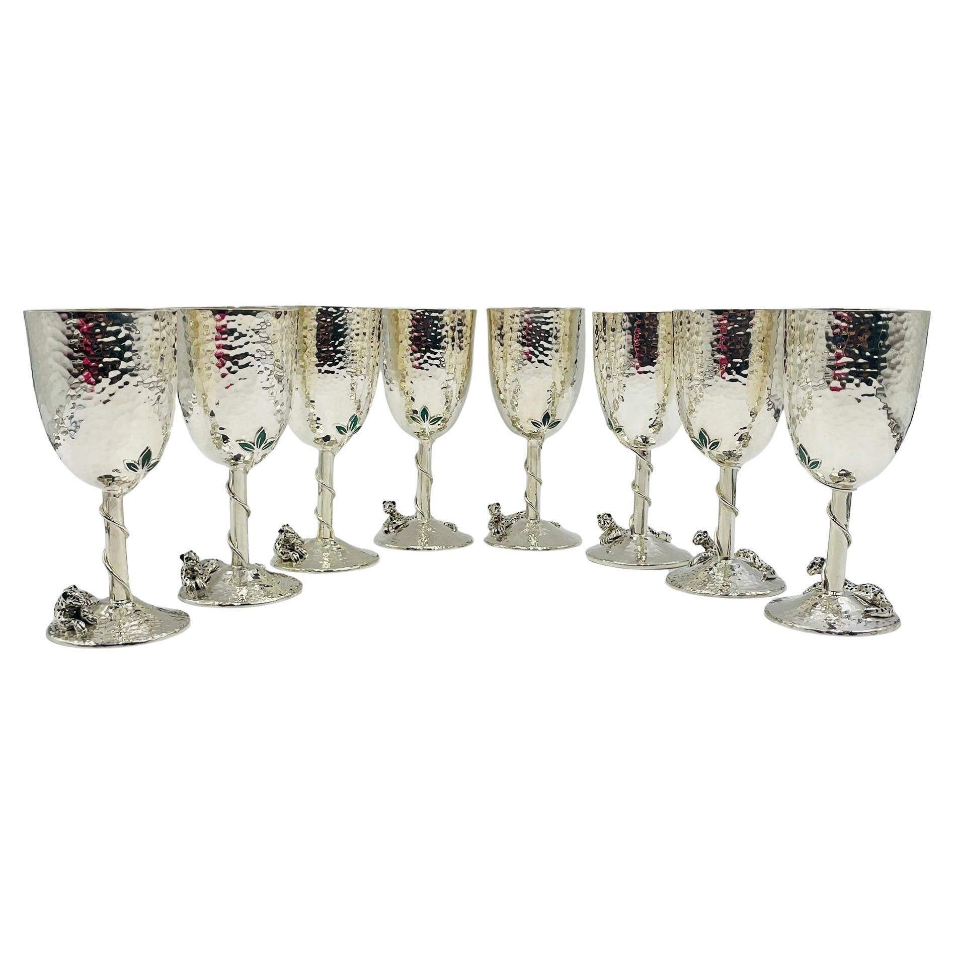 Set von 8 versilberten und zerkleinerten Smaragd-Wein-/Wasserkelchen von Emilia Castillo