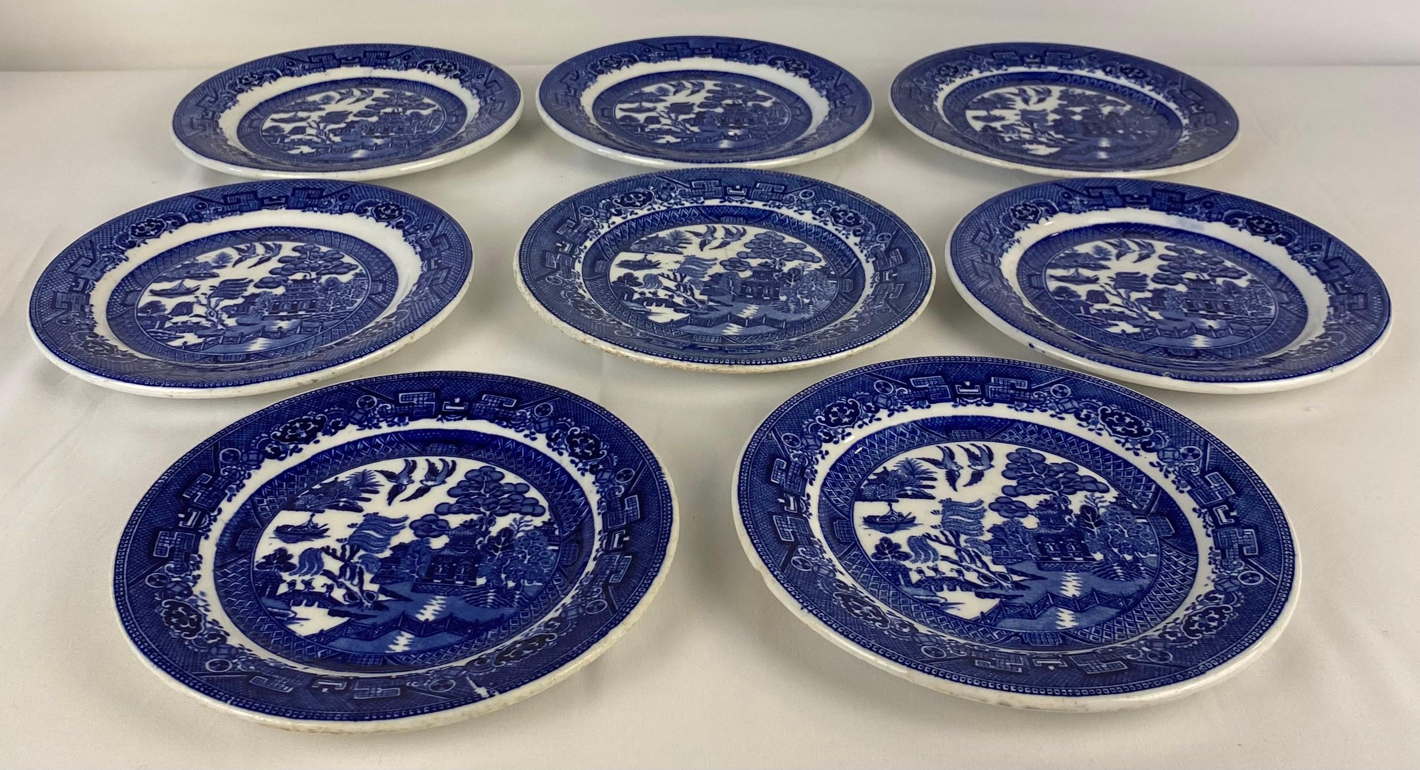 A good quality set of 8 antique English delft porcelain serving dishes.
Manufactured by John Maddock & Sons, England, circa 1850-99.
Chinioserie style. 

Each measures: 7