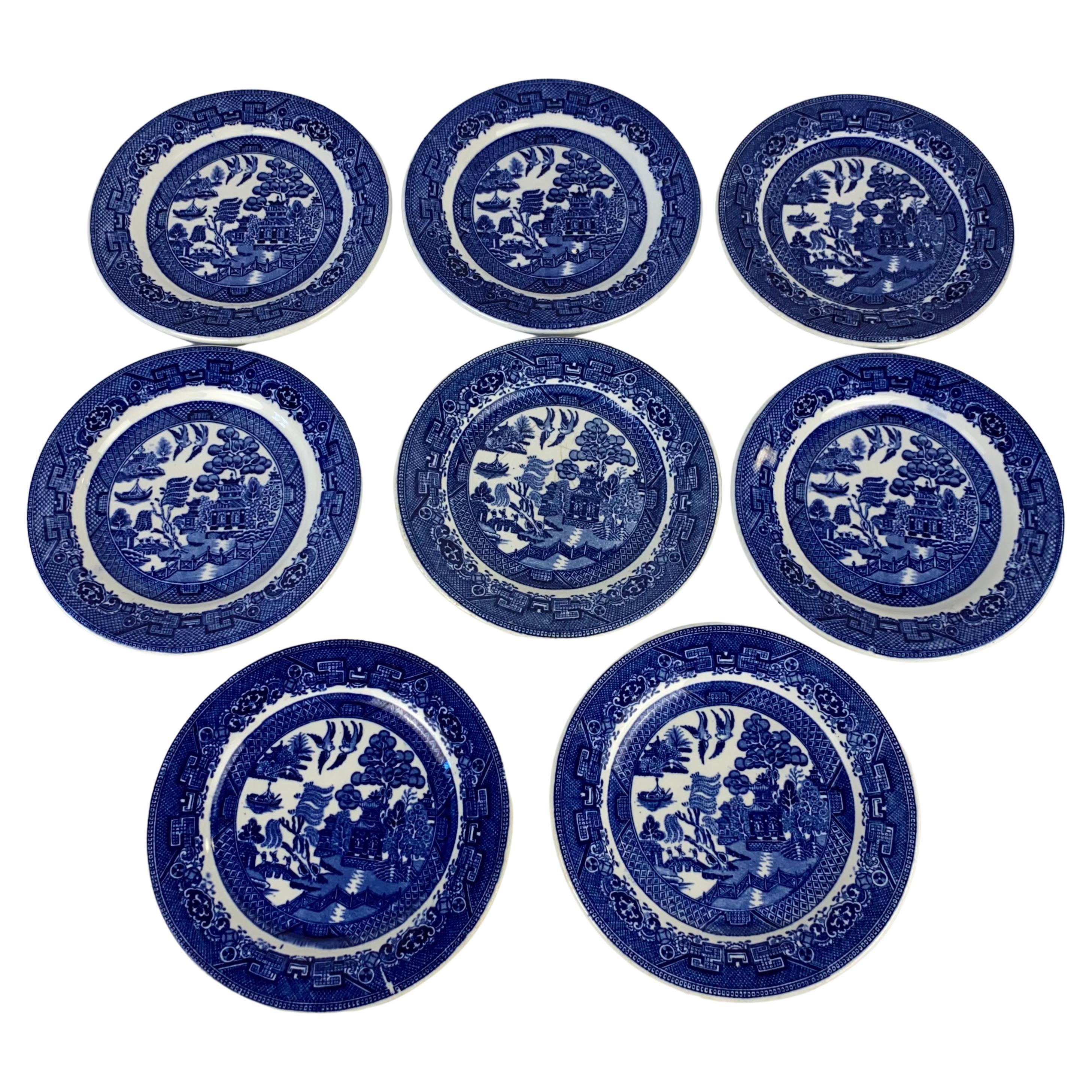 Set of 8 Small English Delft Antique Plates by John Maddock & Sons