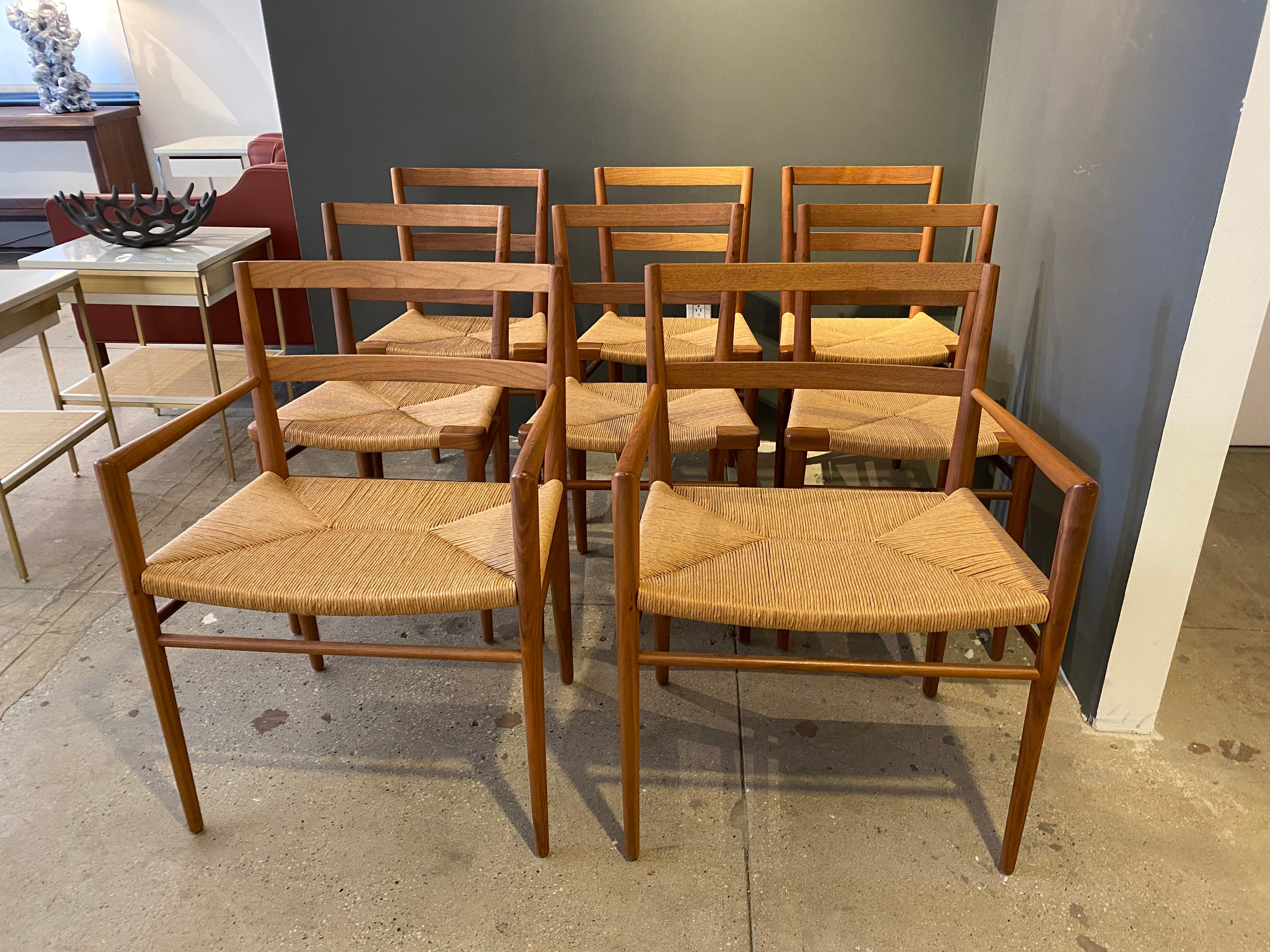 Set of 8 Smilow Design Walnut and Rush Dining Chairs 1