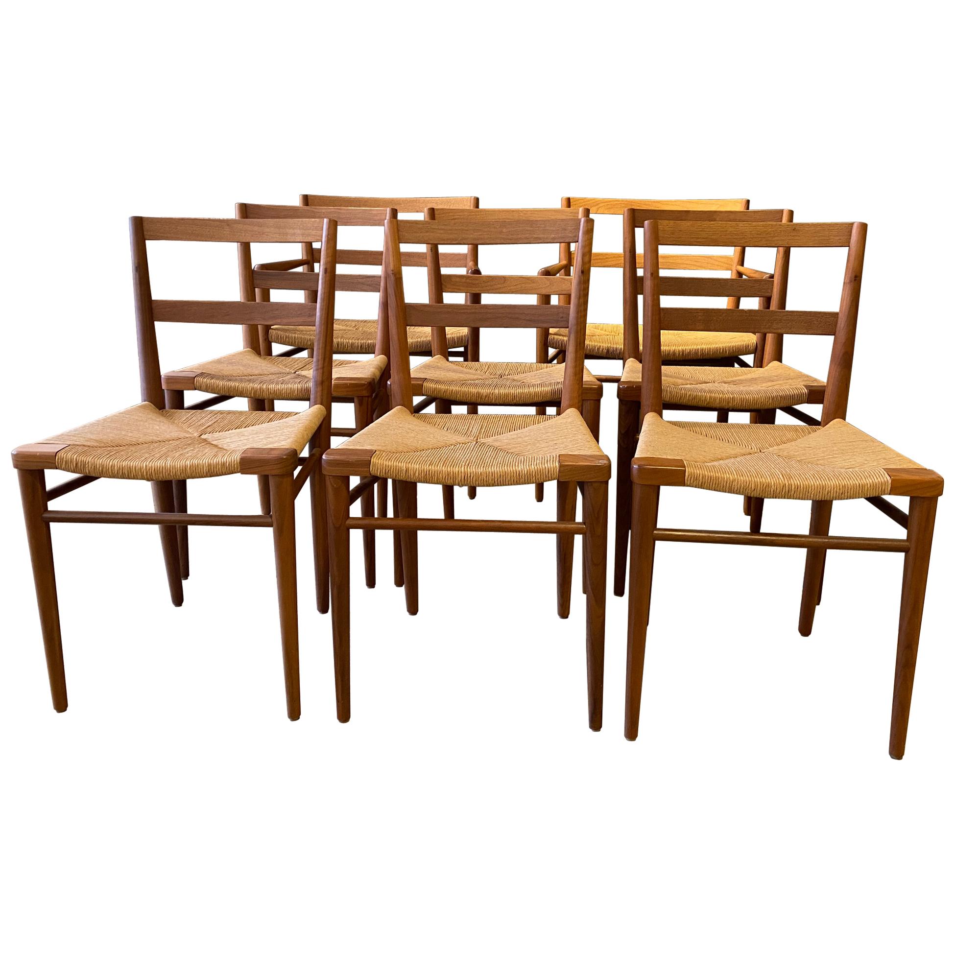 Set of 8 Smilow Design Walnut and Rush Dining Chairs