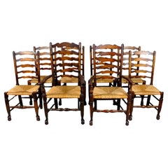 Set of 8 Solid Elm Rush Seated Ladder Back Chairs c. 1900