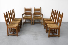 Ensemble de 8 chaises de salle à manger de style Quaker en chêne massif avec sièges en jonc