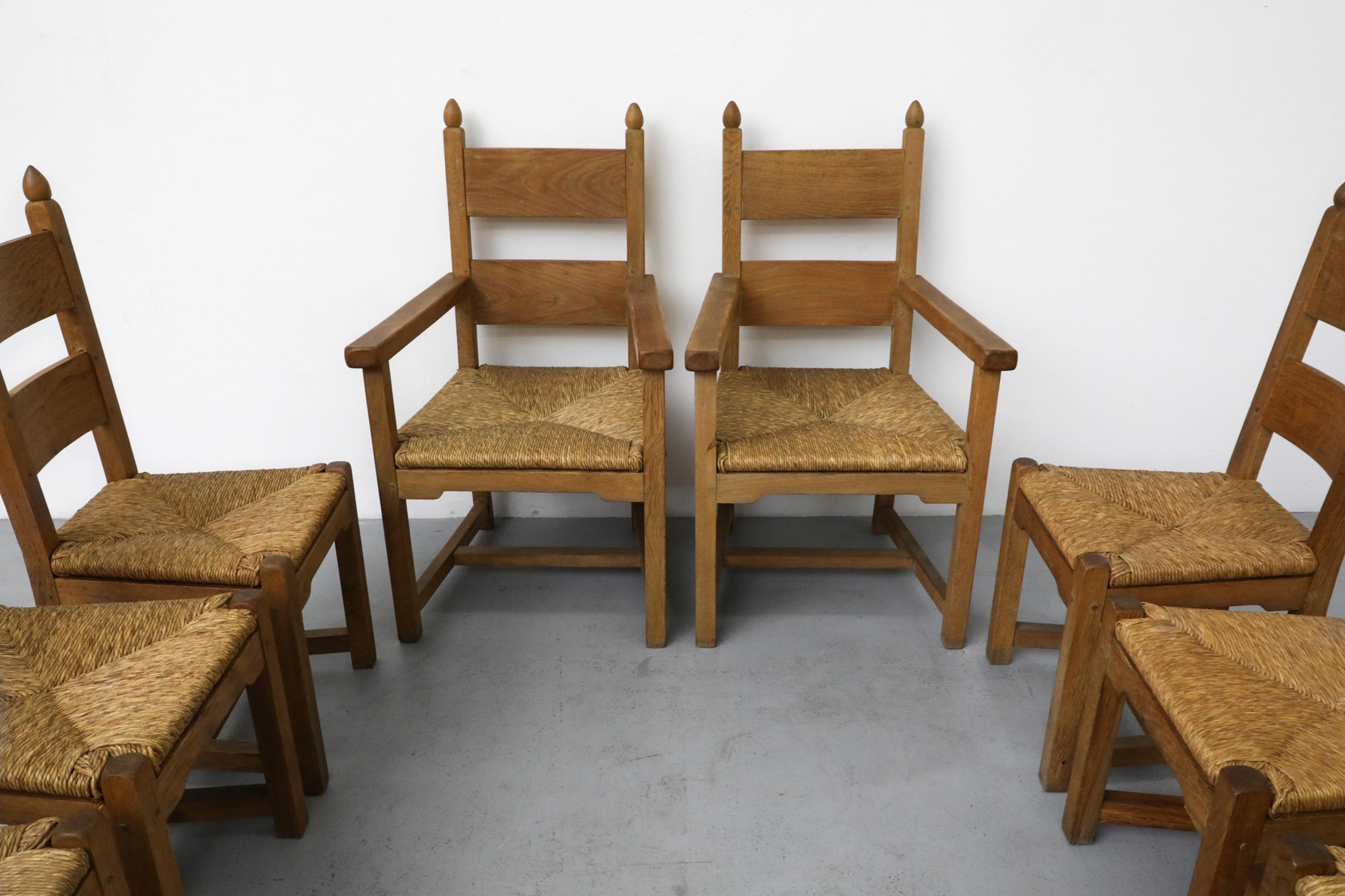 American Colonial Set of 8 Solid Oak Quaker Style Dining Chairs with Rush Seats