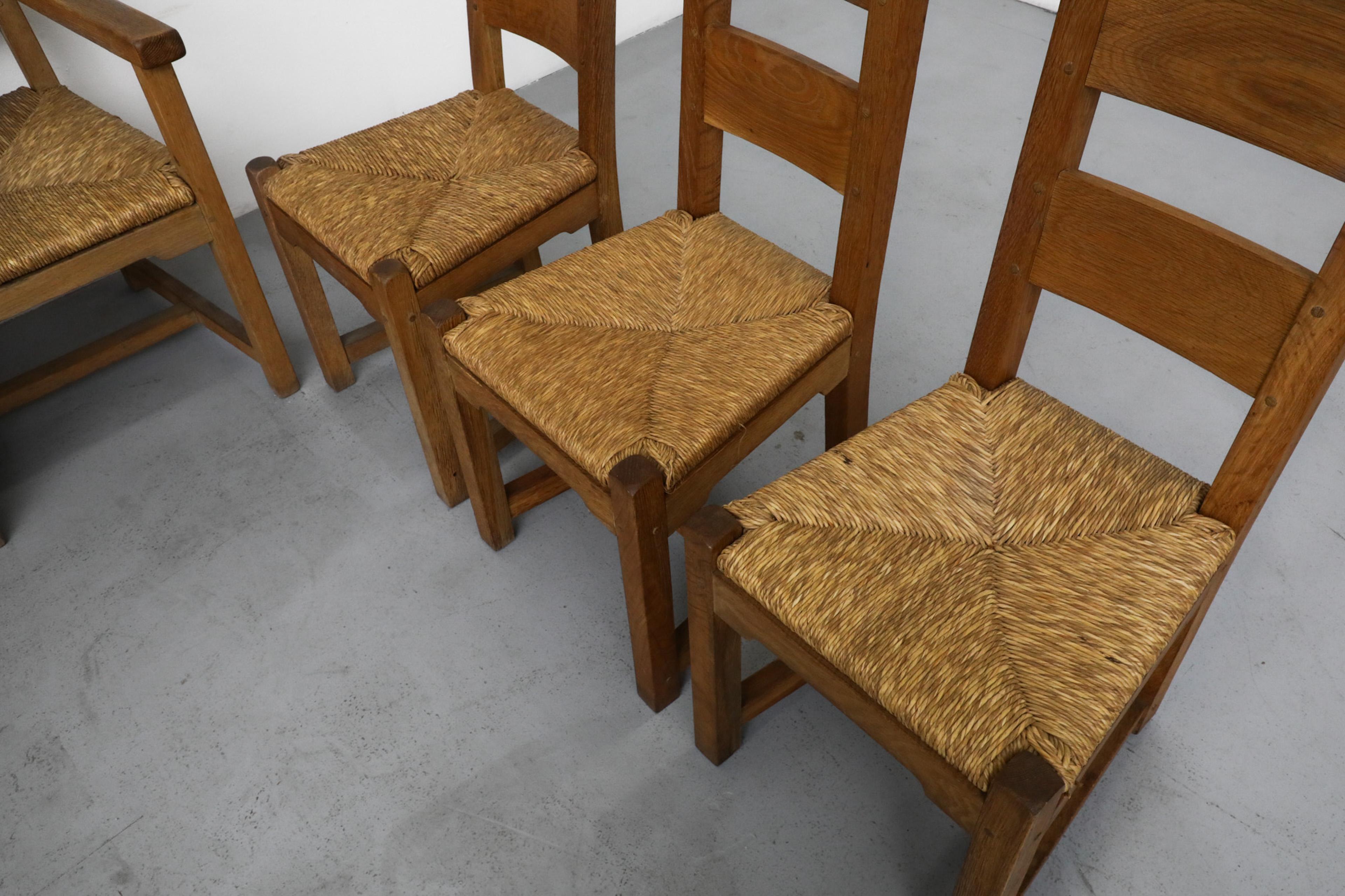 Dutch Set of 8 Solid Oak Quaker Style Dining Chairs with Rush Seats