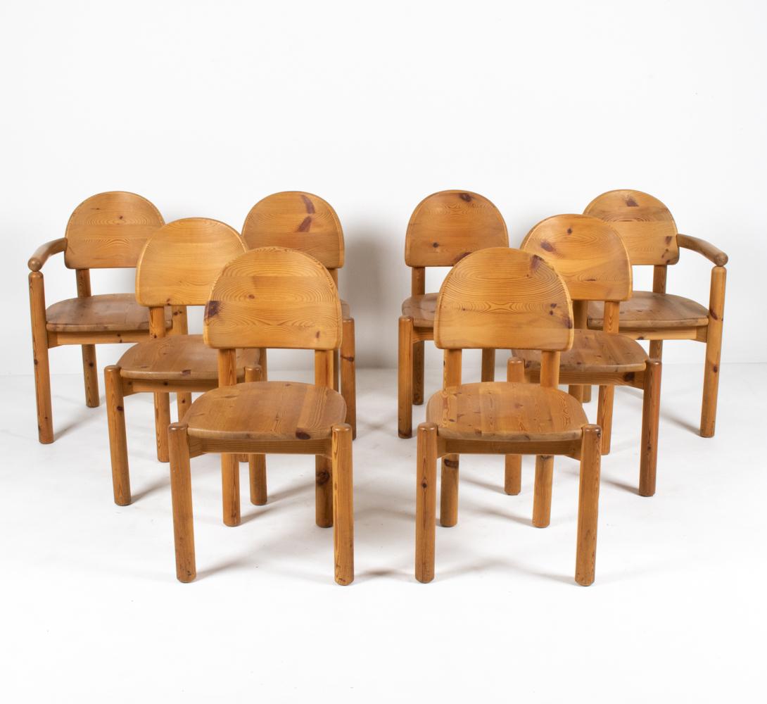 Élevez votre expérience culinaire avec un ensemble de sièges audacieux, conçu pour rehausser à la fois le style et le confort. Sculptée dans du pin naturel massif, cette suite exceptionnelle comprend deux fauteuils remarquables et six chaises
