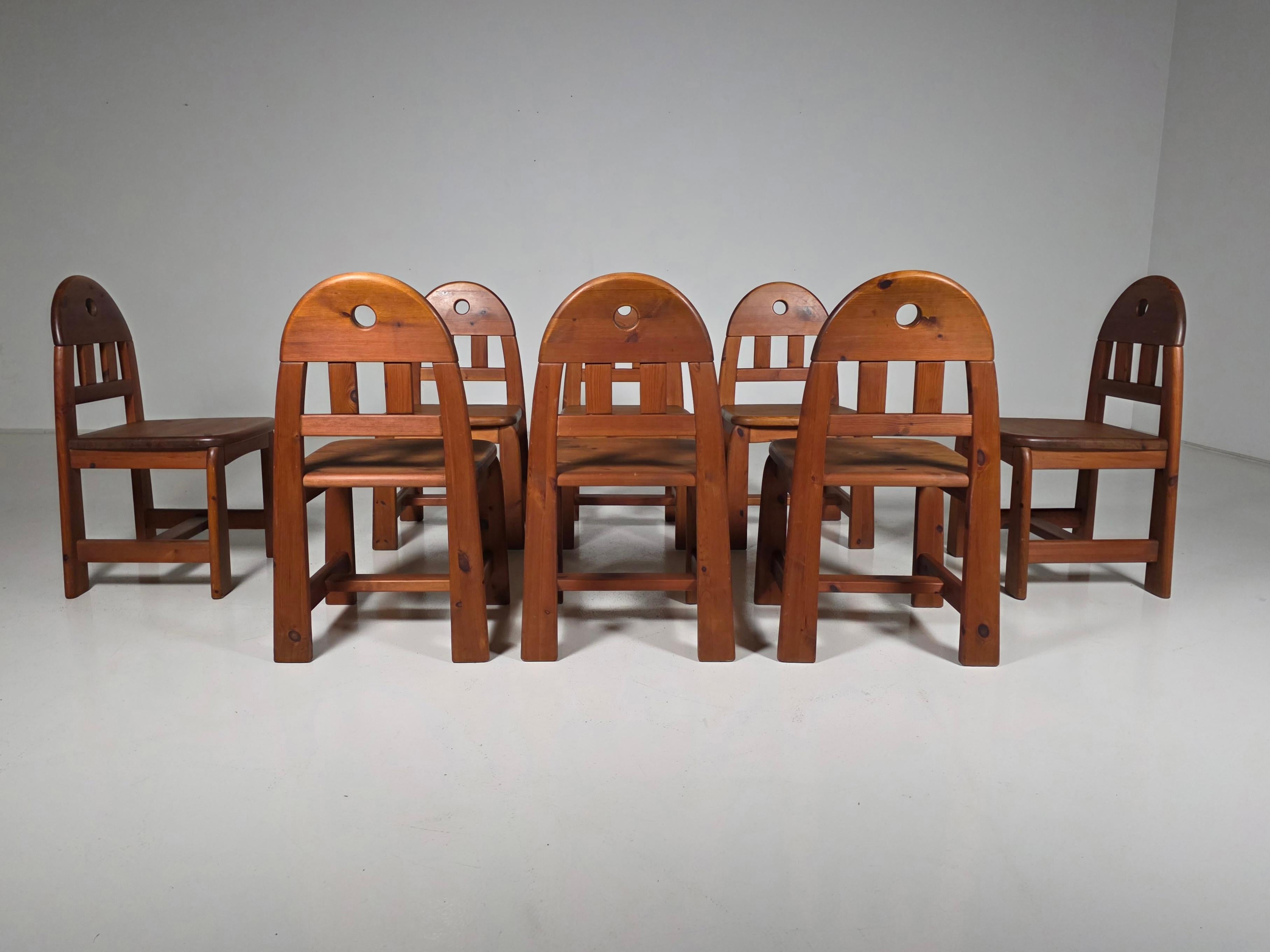 Set di 8 sedie da pranzo in legno di pino massiccio di Wasa Mobel Germania, anni '70 in vendita 9