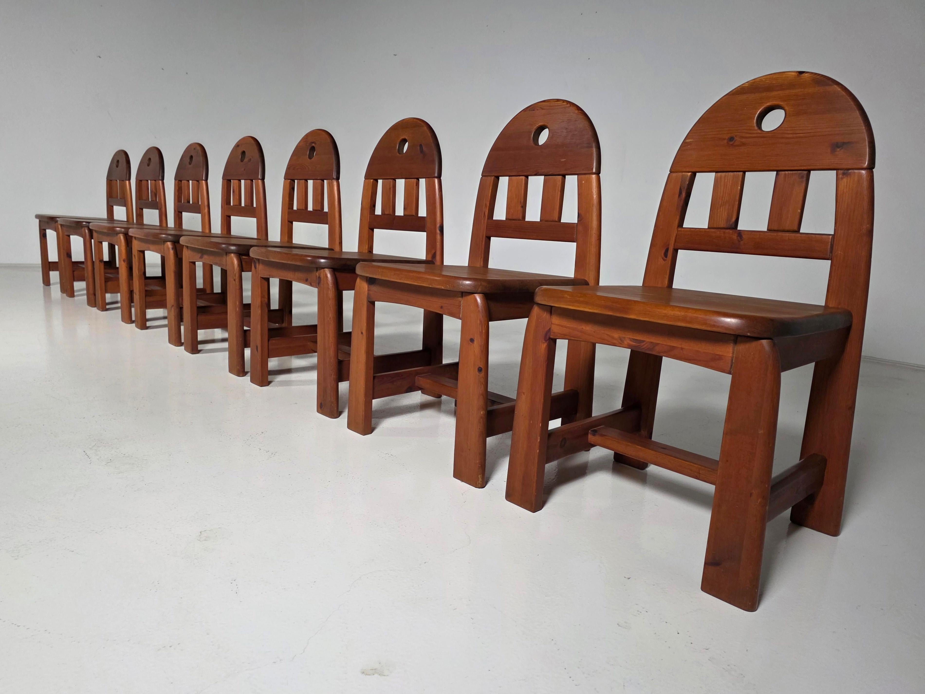 Set di 8 sedie da pranzo in legno di pino massiccio di Wasa Mobel Germania, anni '70 in vendita 11