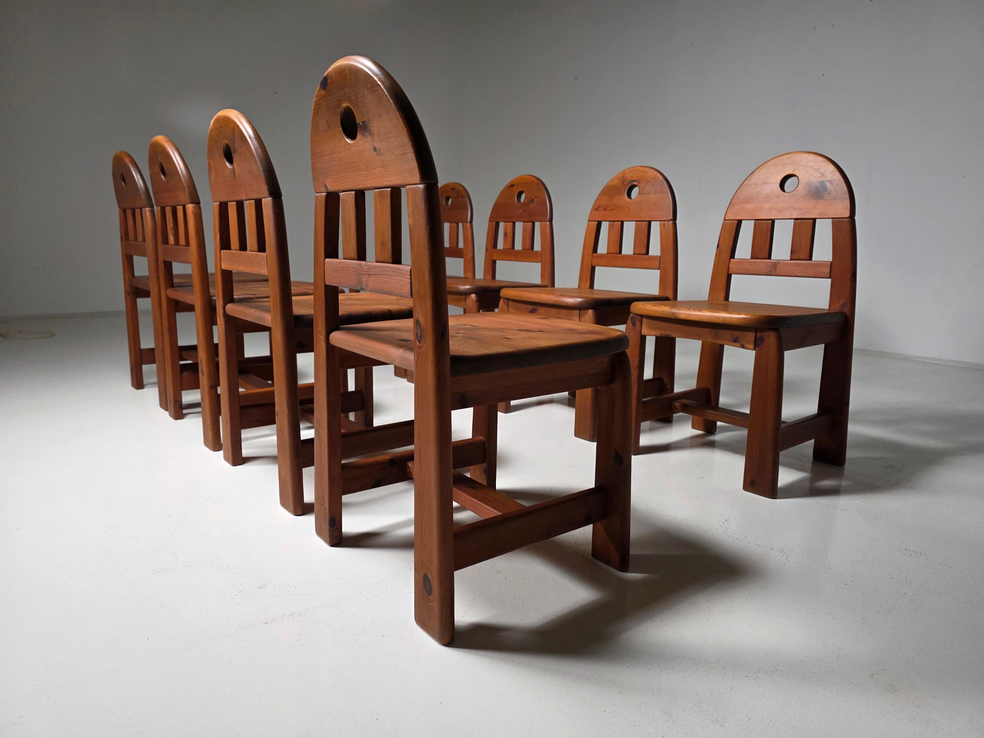 Set di 8 sedie da pranzo in legno di pino massiccio di Wasa Mobel Germania, anni '70 in vendita 12