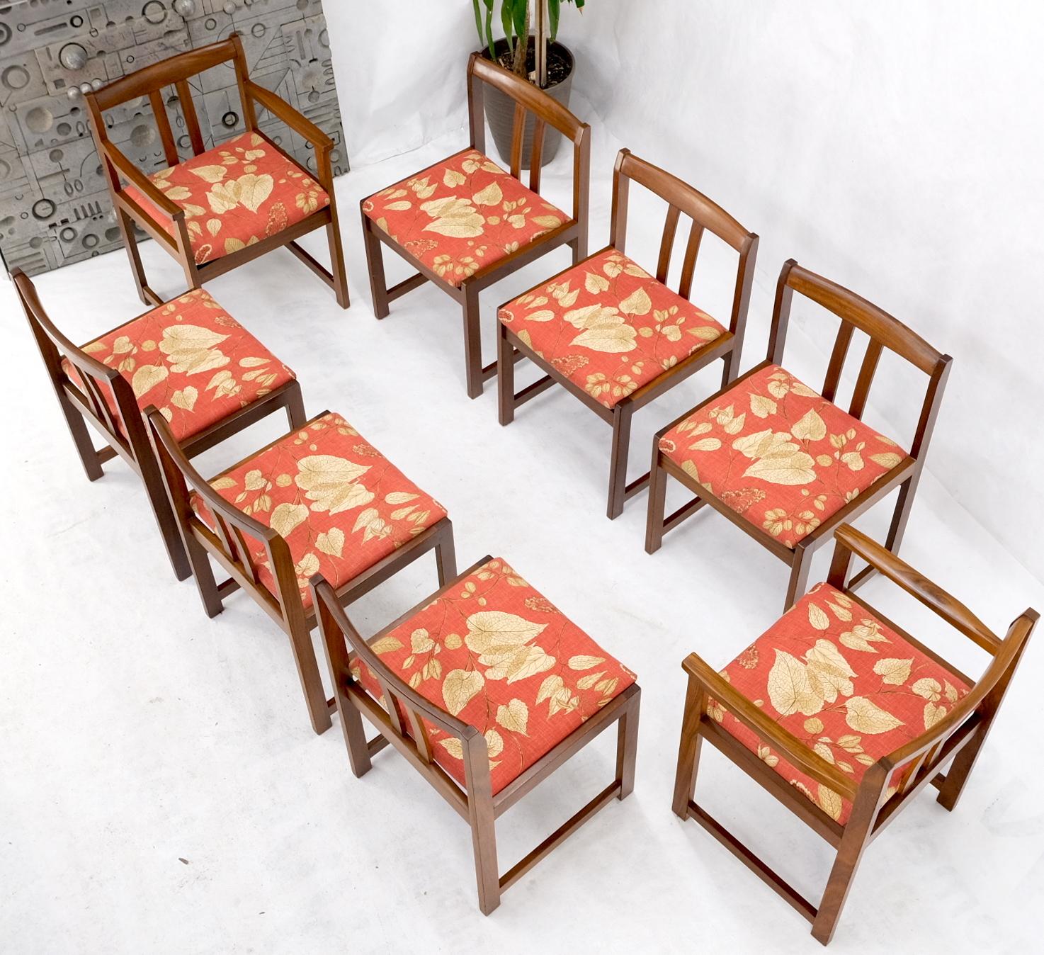 Mid-Century Modern Set of 8 Solid Rosewood Red Linen Fabric Upholstery Dining Arm Side Chairs For Sale