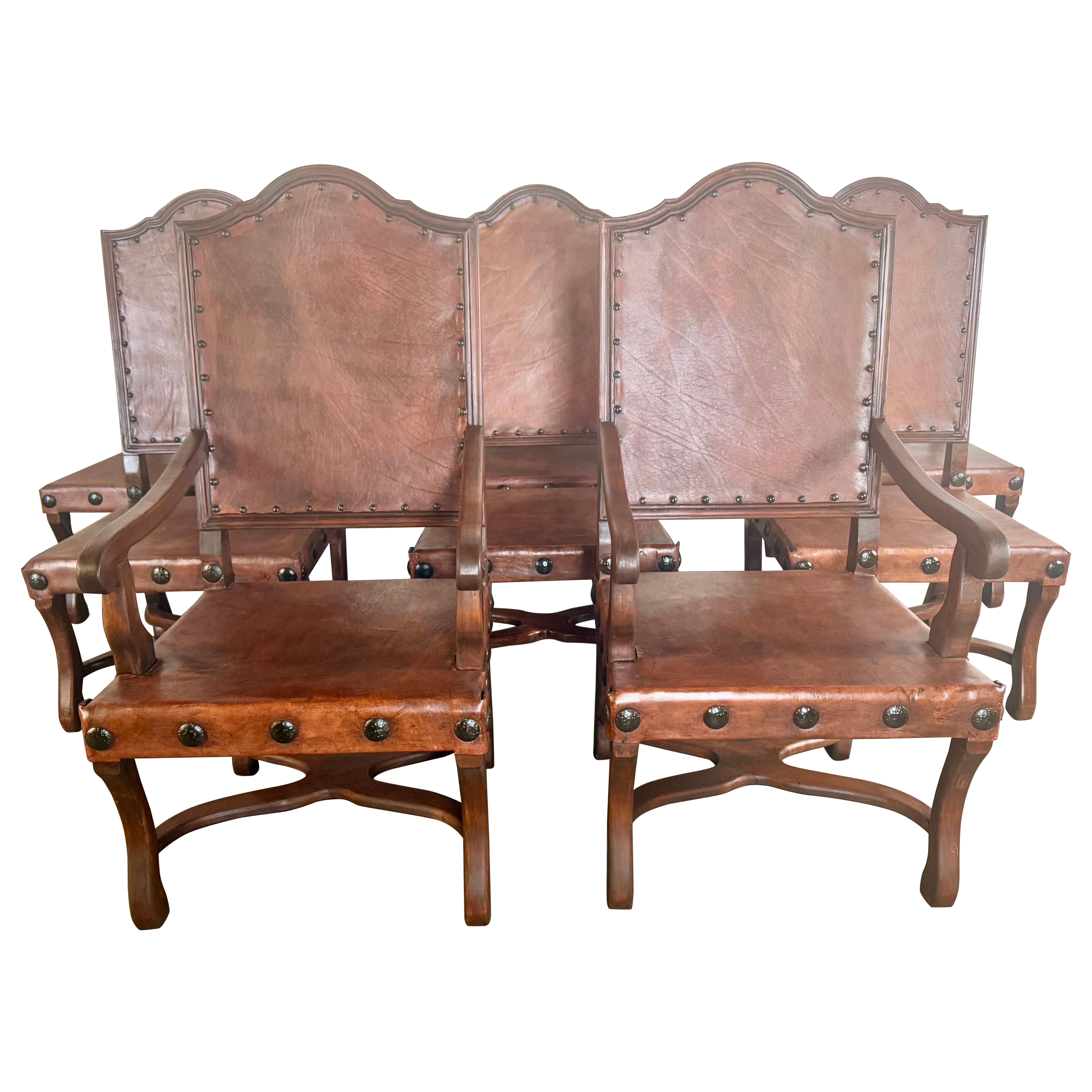 Set of 8 Spanish Dining Chairs in Solid Walnut & Leather For Sale
