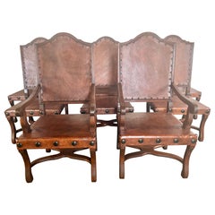 Set of 8 Spanish Dining Chairs in Solid Walnut & Leather