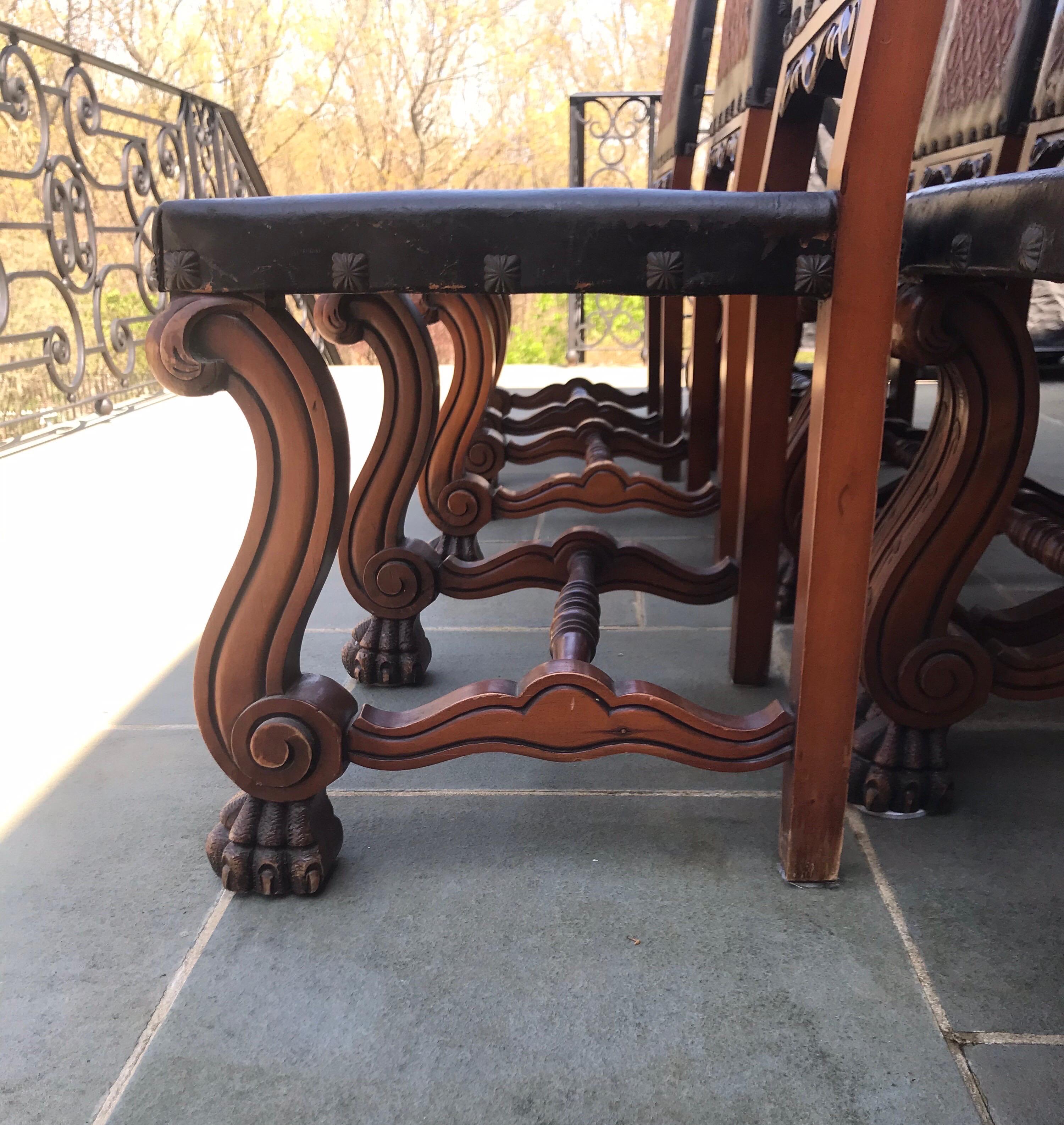 Set of 8 Spanish Embossed Leather Dining Chairs In Good Condition For Sale In Livingston, NJ