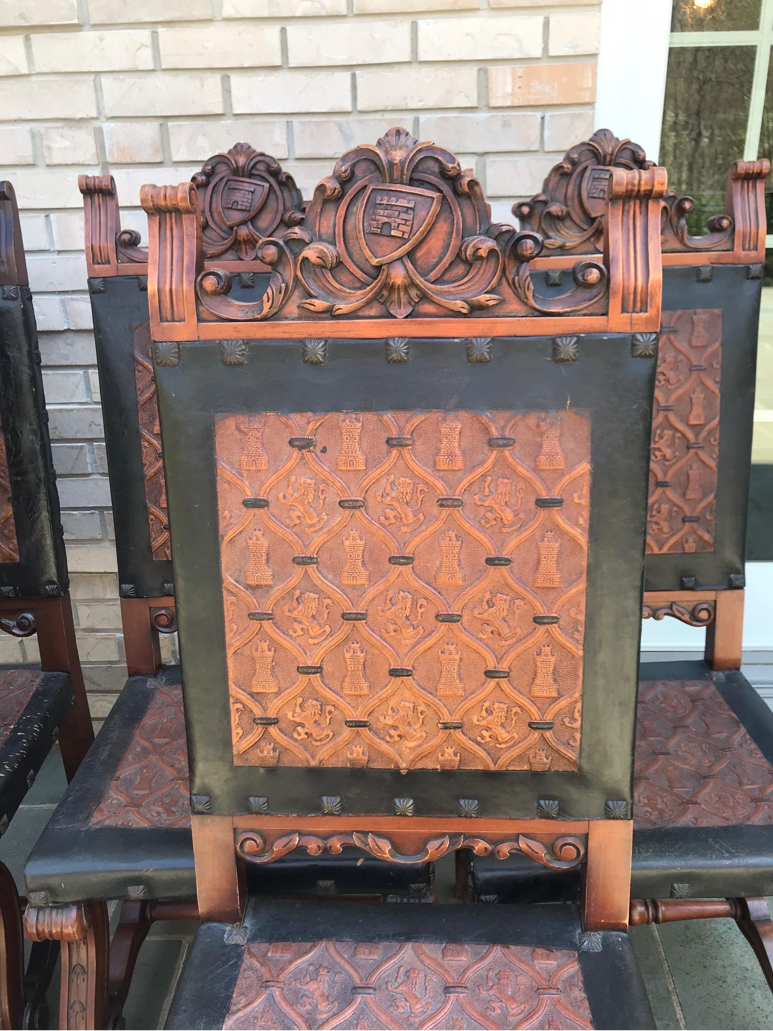 19th Century Set of 8 Spanish Embossed Leather Dining Chairs For Sale