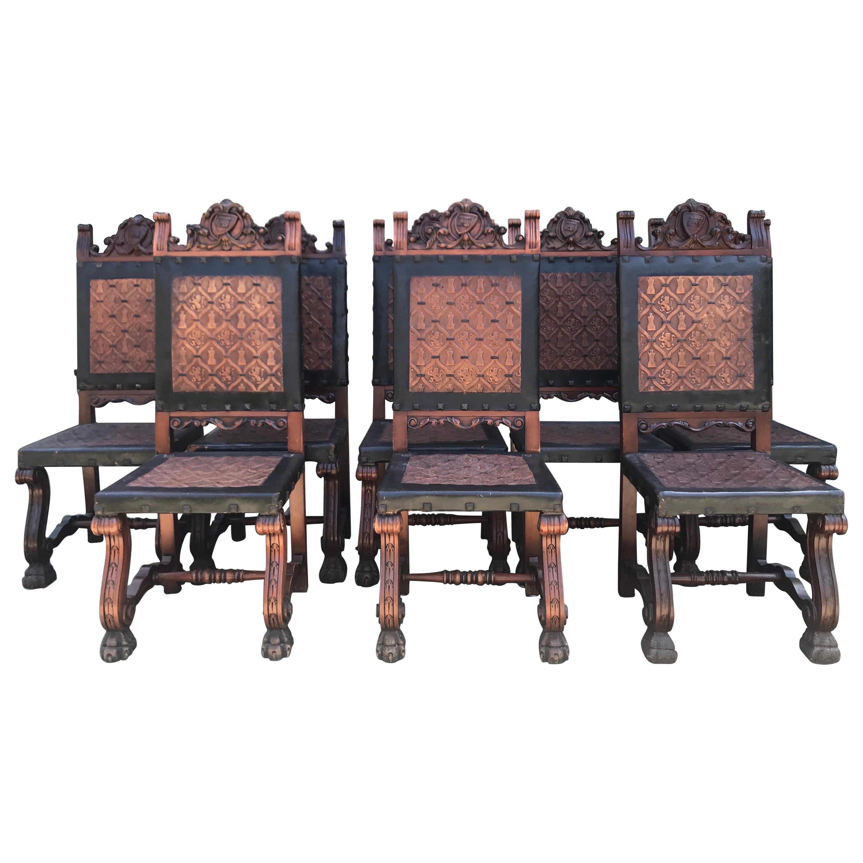 Set of 8 Spanish Embossed Leather Dining Chairs For Sale