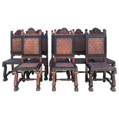 Antique Set of 8 Spanish Embossed Leather Dining Chairs