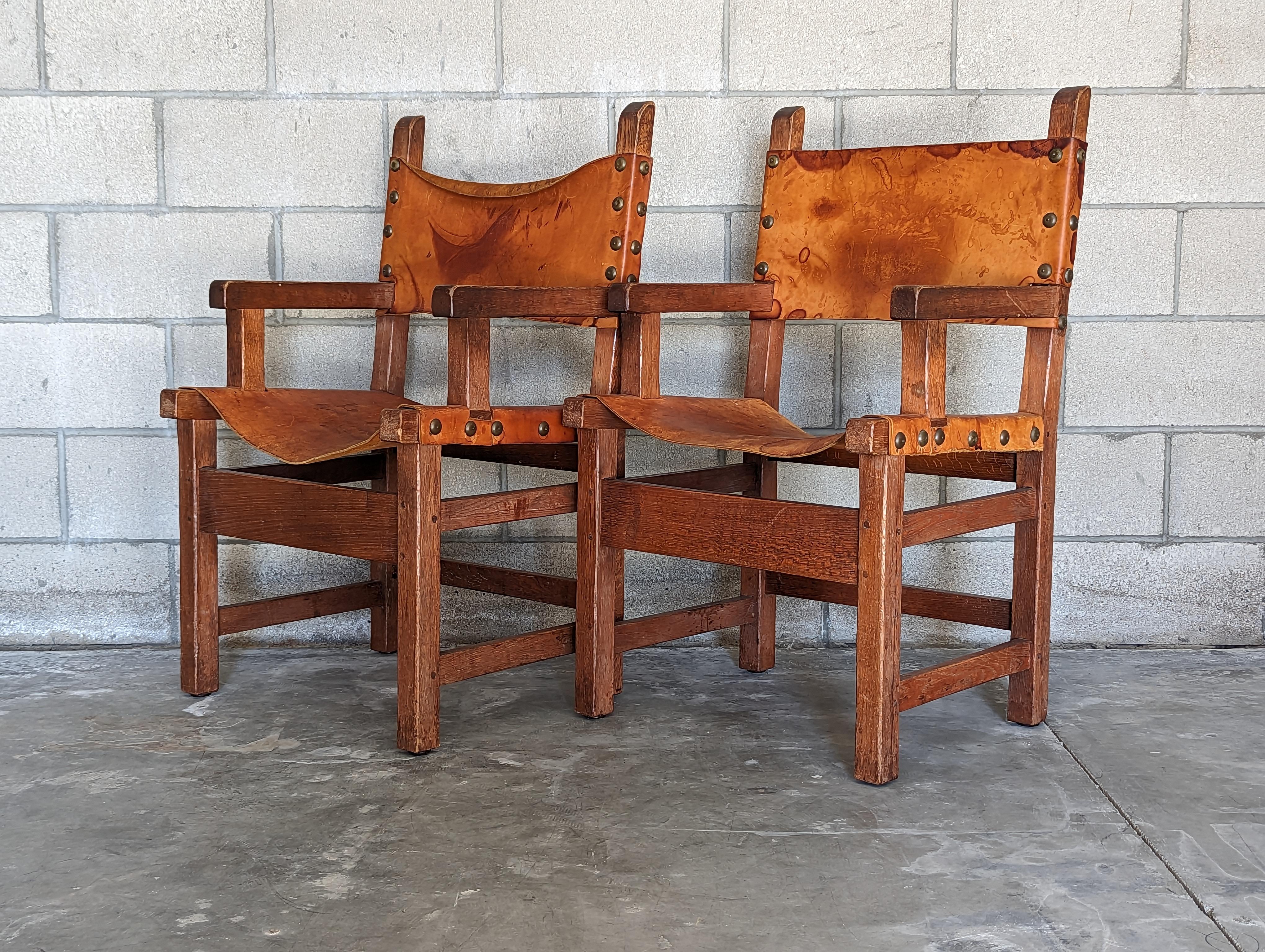 Set of 8 Spanish Hand-Crafted Oak & Cognac Studded Leather Dining Chairs 7