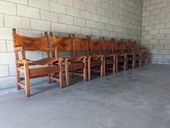 Set of 8 Spanish Hand-Crafted Oak & Cognac Studded Leather Dining Chairs
