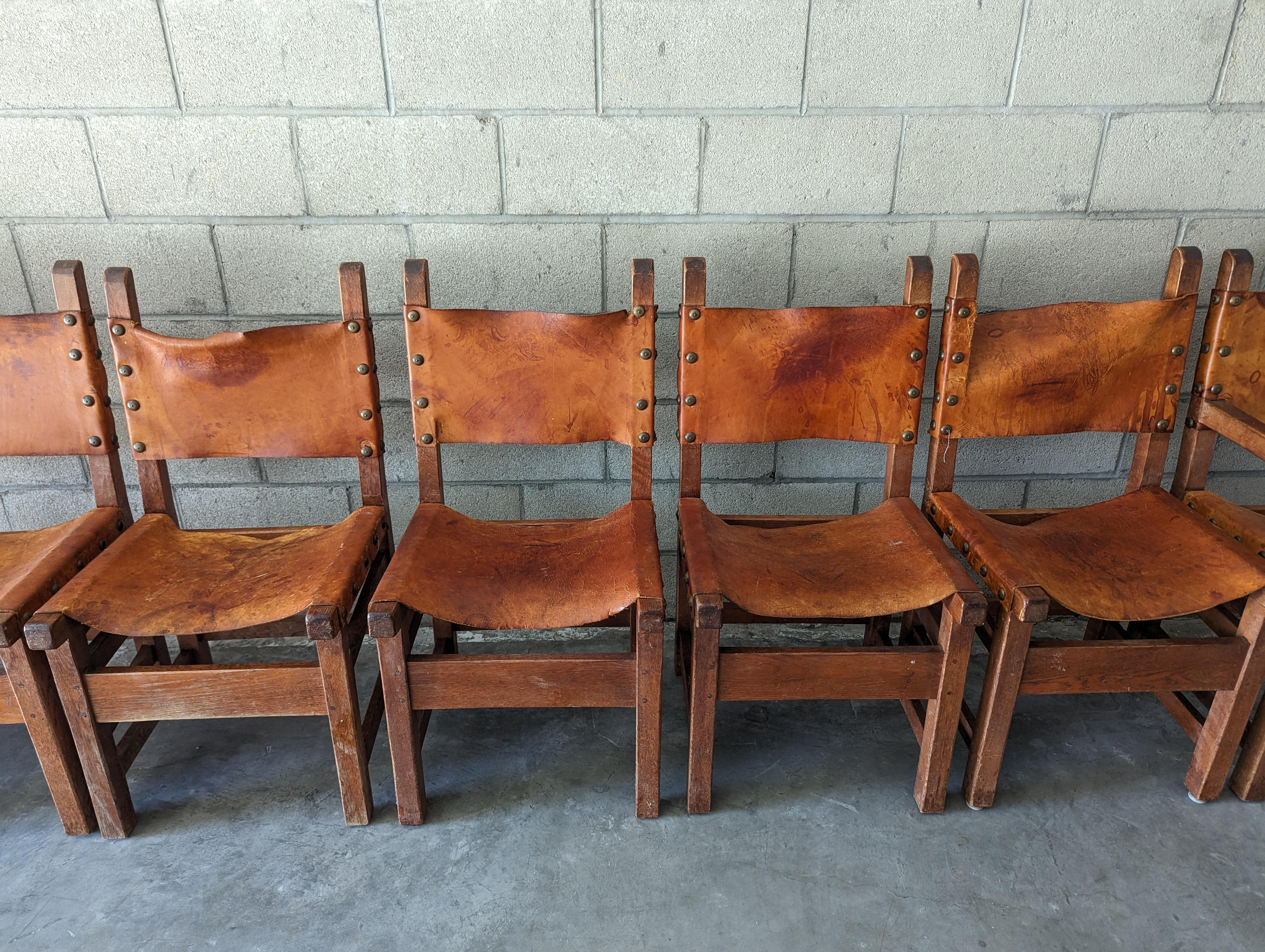 Metal Set of 8 Spanish Hand-Crafted Oak & Cognac Studded Leather Dining Chairs