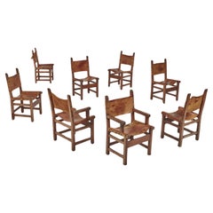 Used Set of 8 Spanish Hand-Crafted Oak & Cognac Studded Leather Dining Chairs