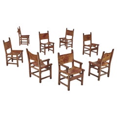 Set di 8 sedie da pranzo artigianali spagnole in Oak e pelle borchiata Cognac