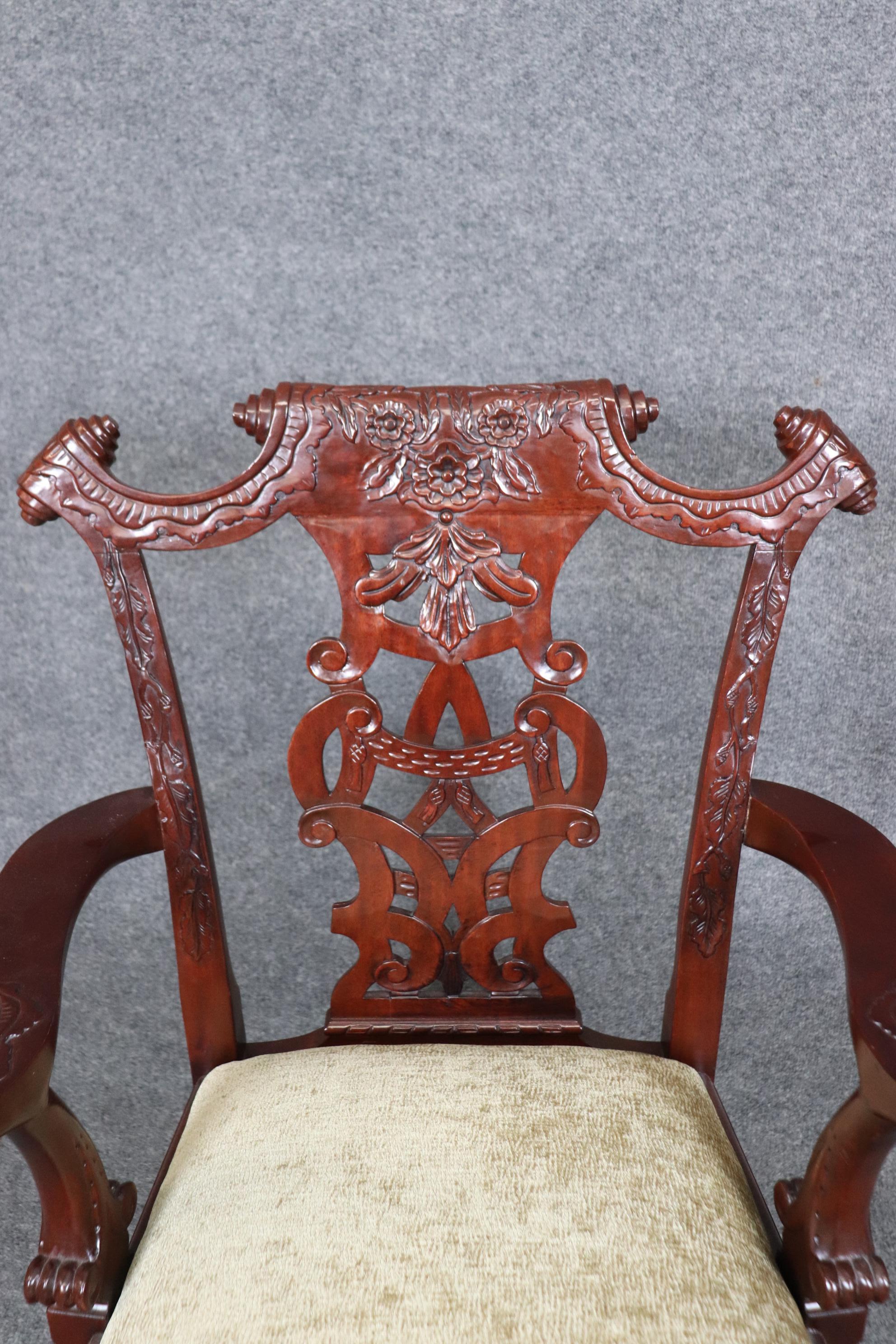 American Set of 8 Spectacular Solid Mahogany Elaborately Carved Chippendale Dining Chairs For Sale