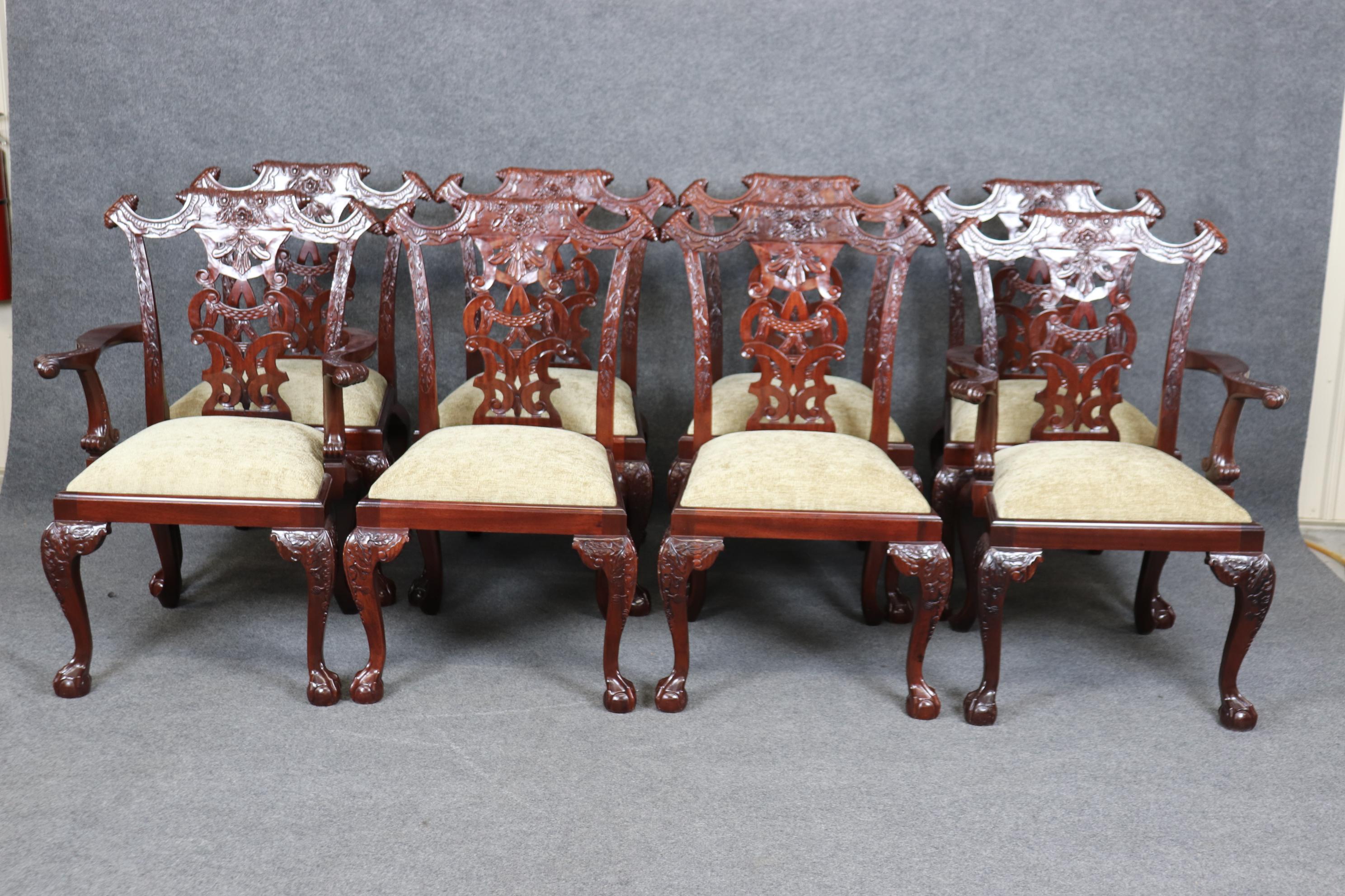 Contemporary Set of 8 Spectacular Solid Mahogany Elaborately Carved Chippendale Dining Chairs For Sale